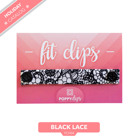 5 ¼” long by 7/8” wide white material with a black lace design, and with a magnet at each end.  The outer magnets are a decorative black medallion with the company logo. 