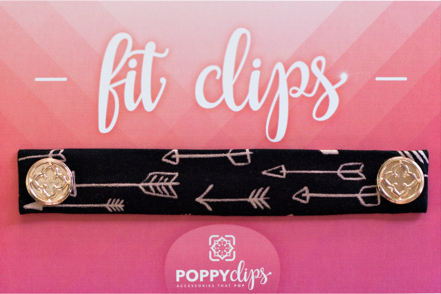 5 ¼” long by 7/8” wide black material with a variety of pink arrows and a magnet at each end. The outer magnets are a decorative rose gold medallion with the company logo.