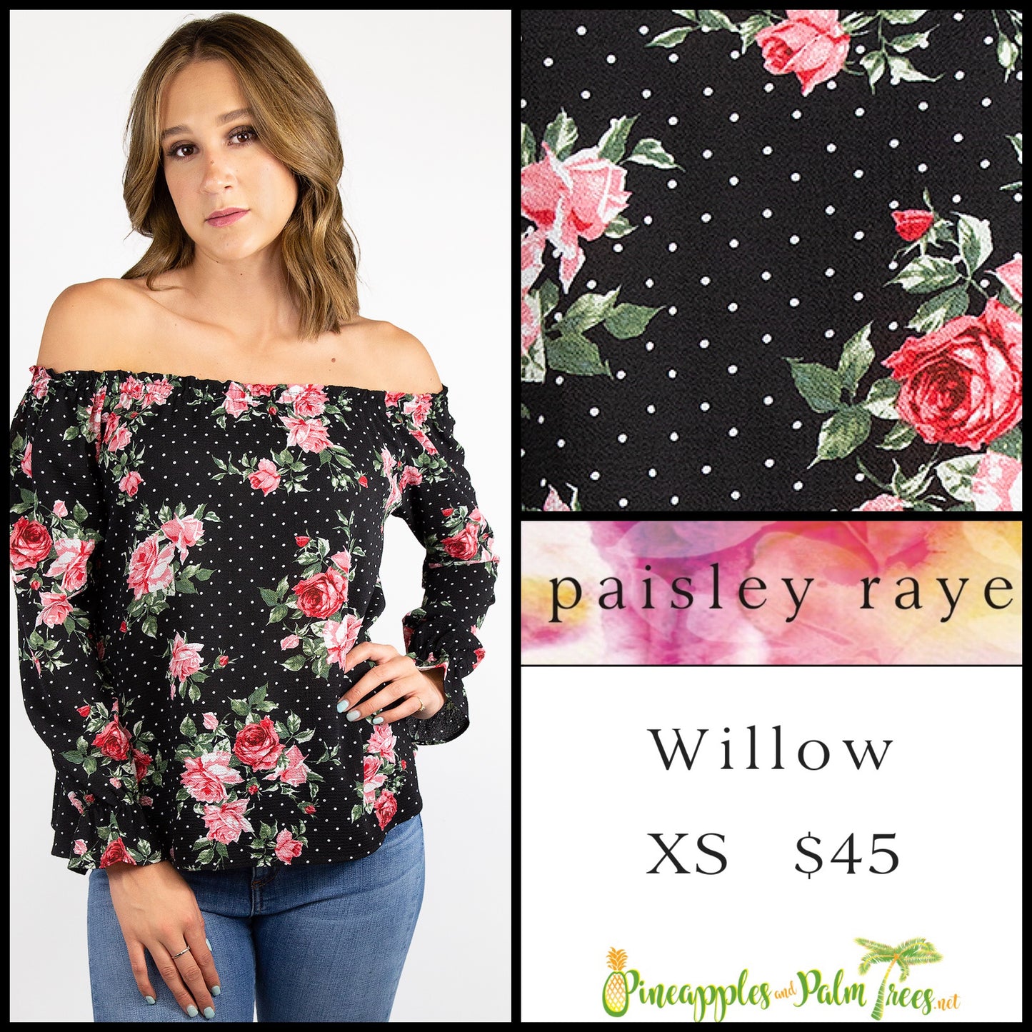 Top: Willow XS - black floral polka dots
