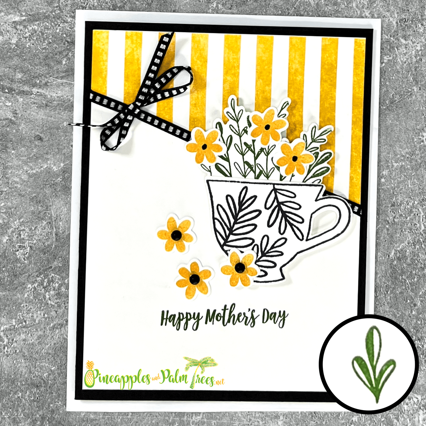 Yellow and black Mother’s Day greeting card with the message ‘Happy Mother’s Day’ and a teacup illustration, shown with its matching envelope — cheerful, stylish, and handcrafted.