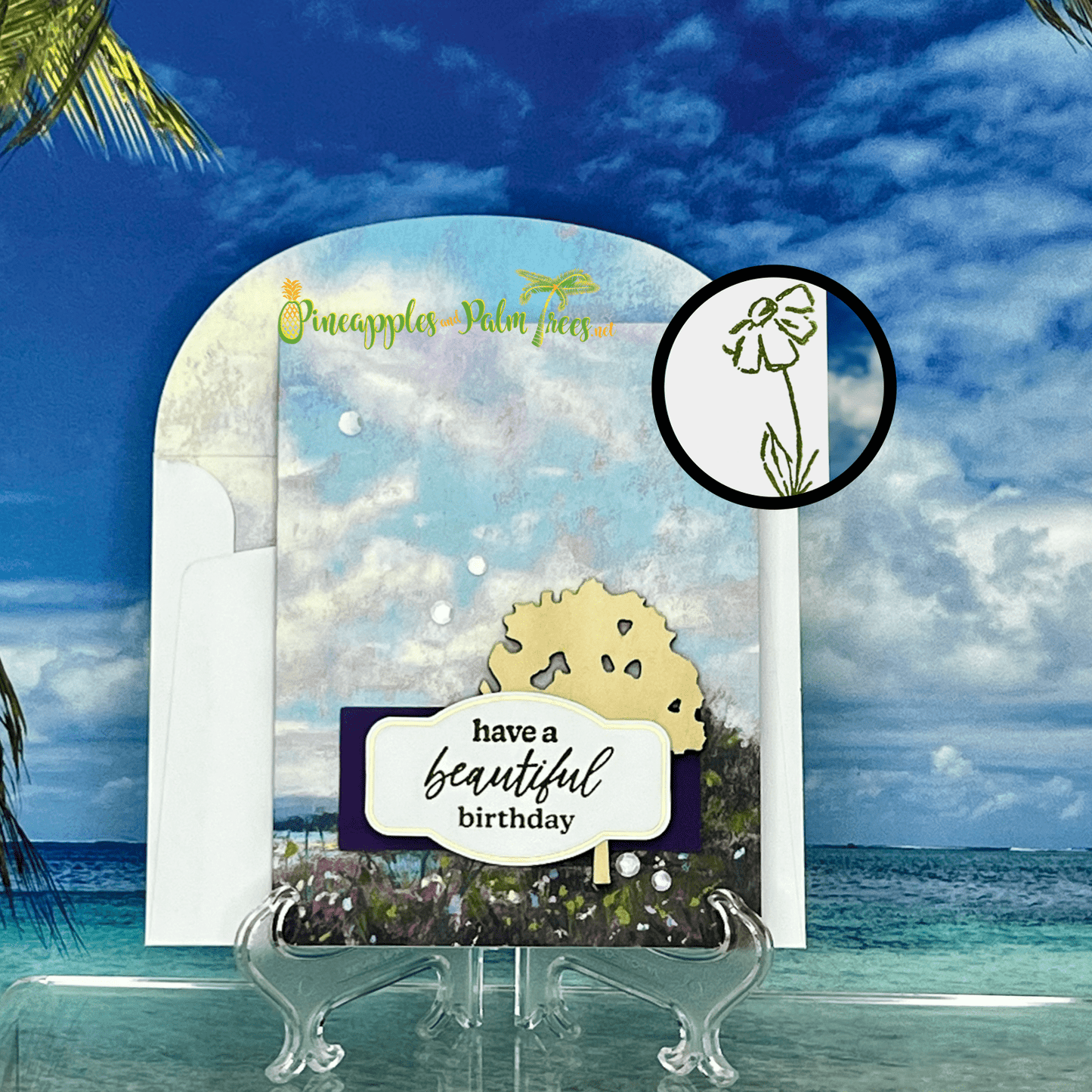 Birthday greeting card with a whimsical tree illustration and the message ‘Have a Beautiful Birthday,’ shown with its matching envelope — handcrafted and charming.