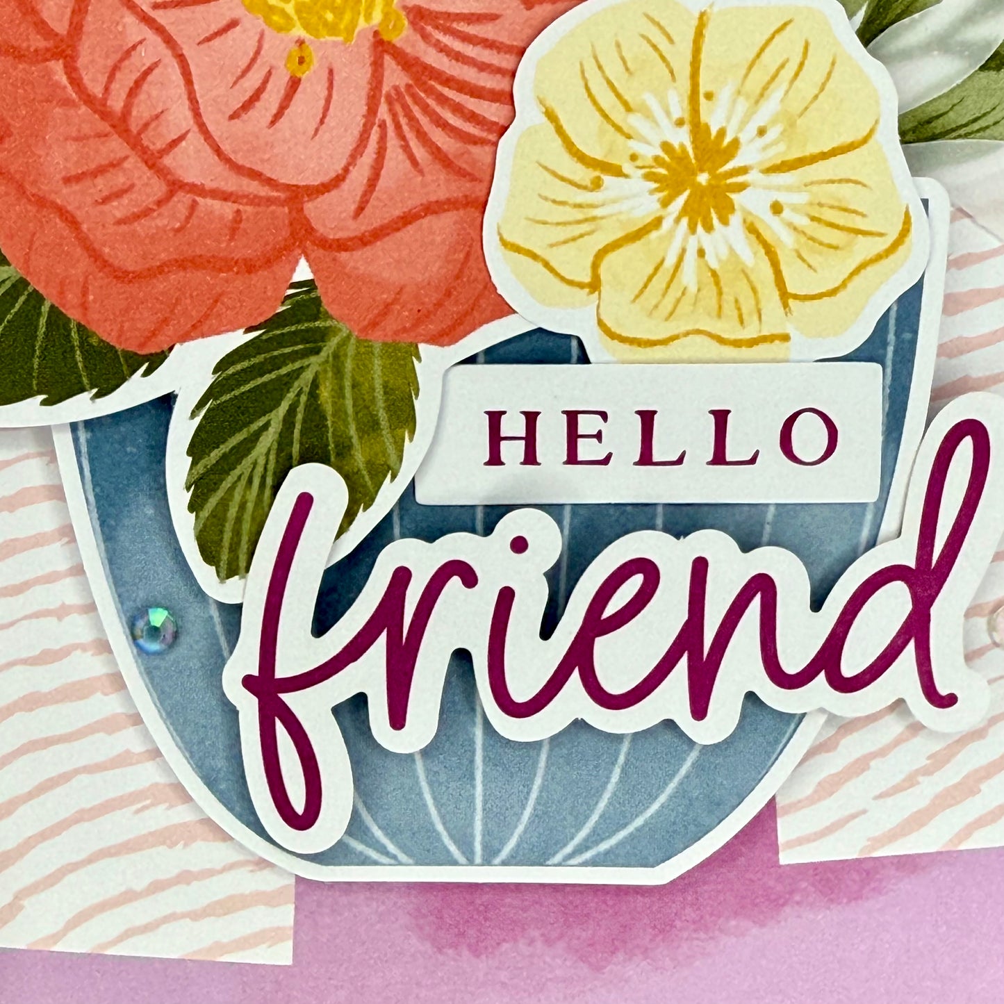 Purple greeting card that says ‘Hello Friend,’ displayed with its matching envelope — a warm, friendly design perfect for sending to someone you care about.