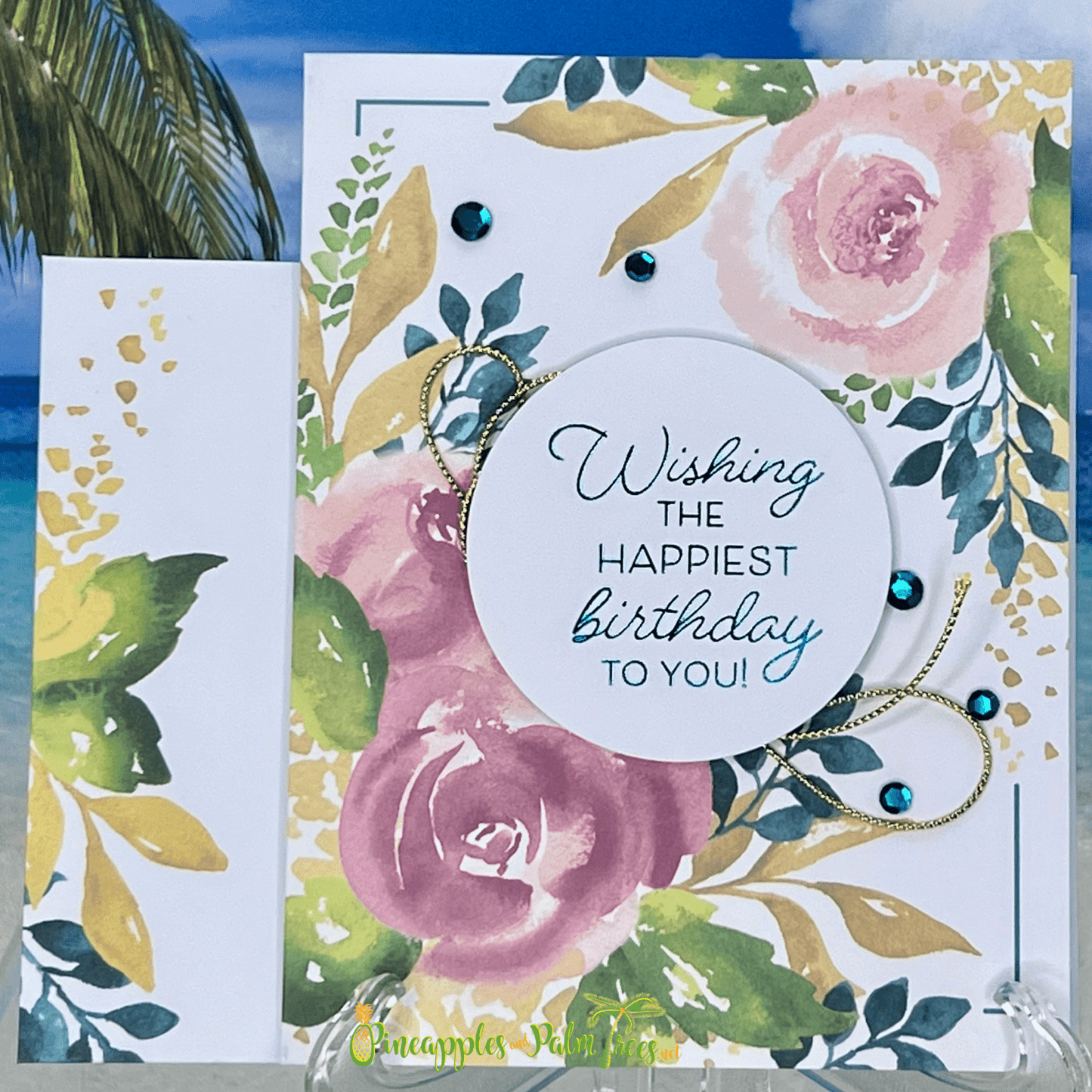 Birthday greeting card “Wishing the Happiest Birthday to You” with beautiful flower illustration on the front cover.