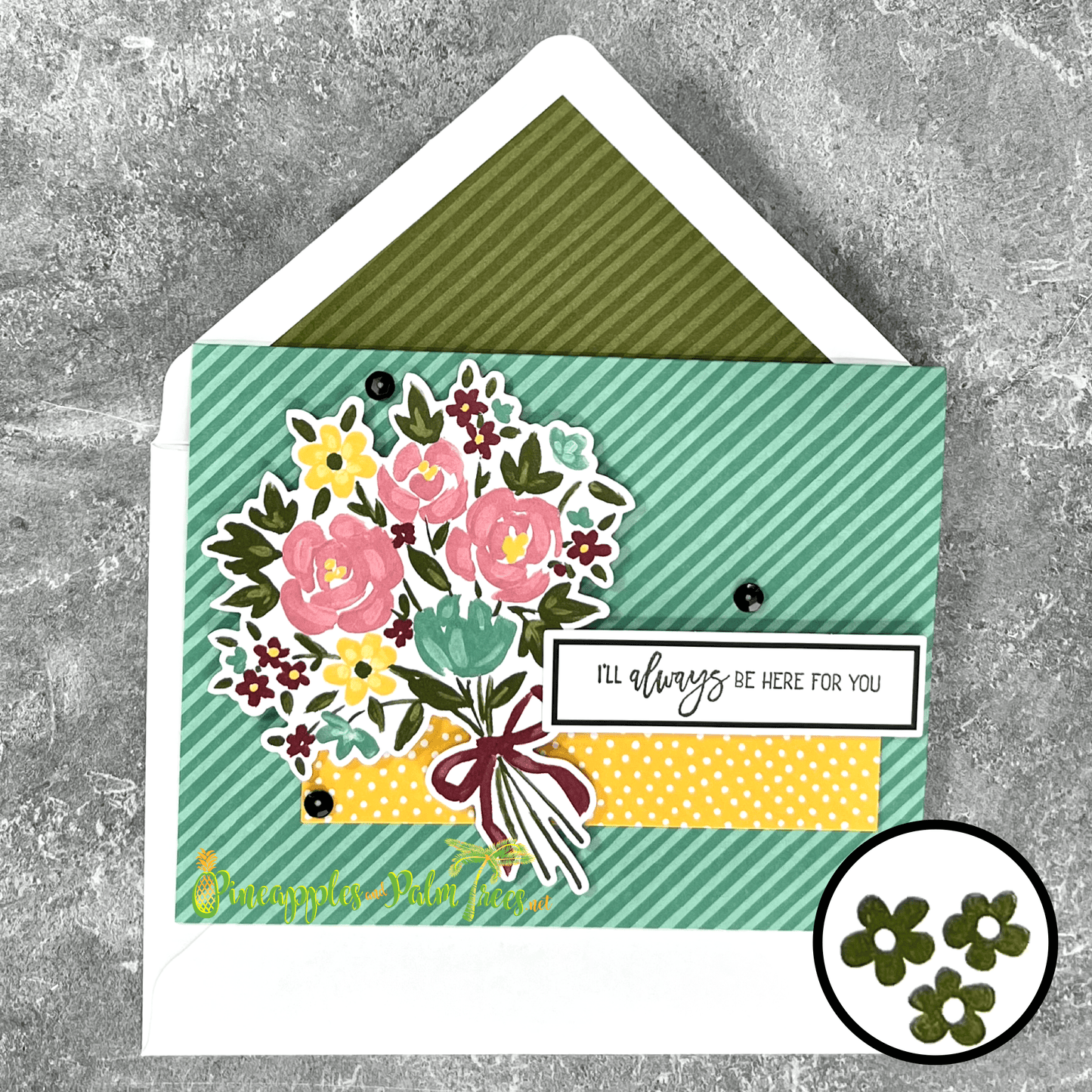 Greeting card with the message ‘I’ll always be here for you’ surrounded by a bouquet of flowers, displayed with its matching envelope — heartfelt and comforting design.