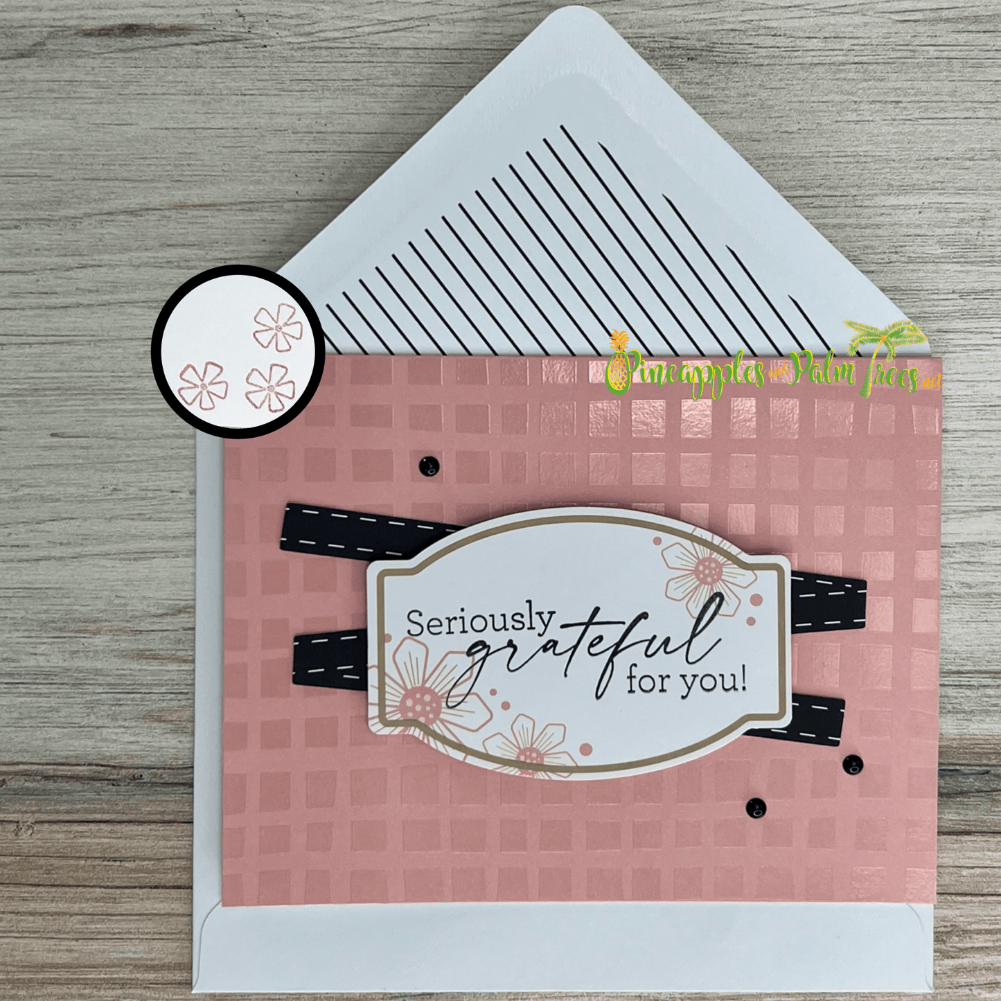 Greeting card “Seriously Grateful For You” in pink with cheerful design.