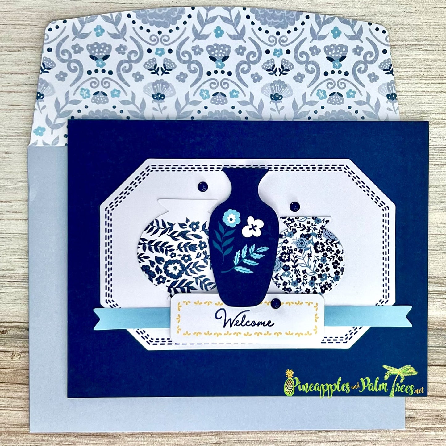 Greeting card “Welcome” with beautiful blue-tone design on front cover.