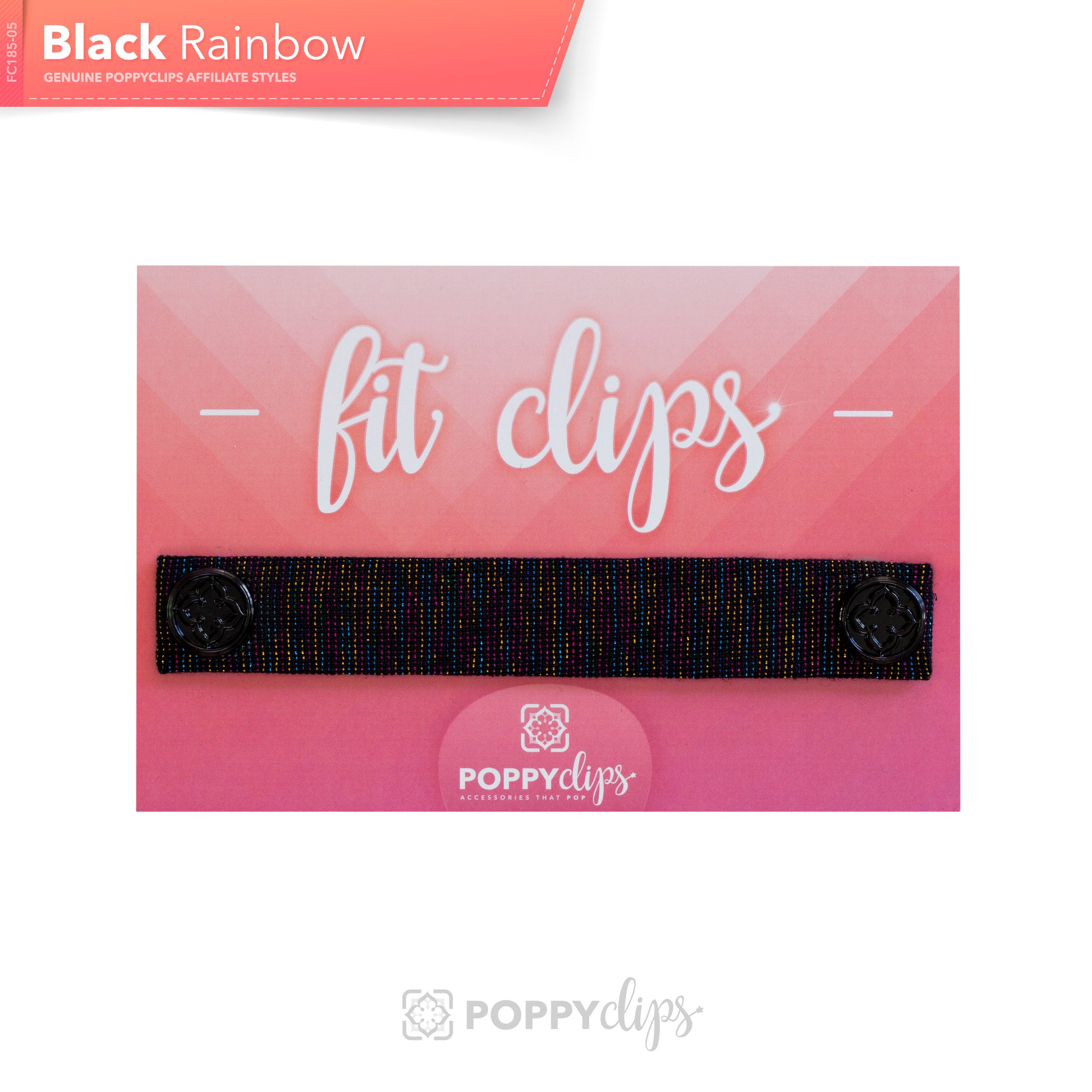 5 ¼” long by 7/8” wide black material with metallic rainbow threads woven in, and a magnet at each end.  The outer magnets are a decorative black medallion with the company logo. 