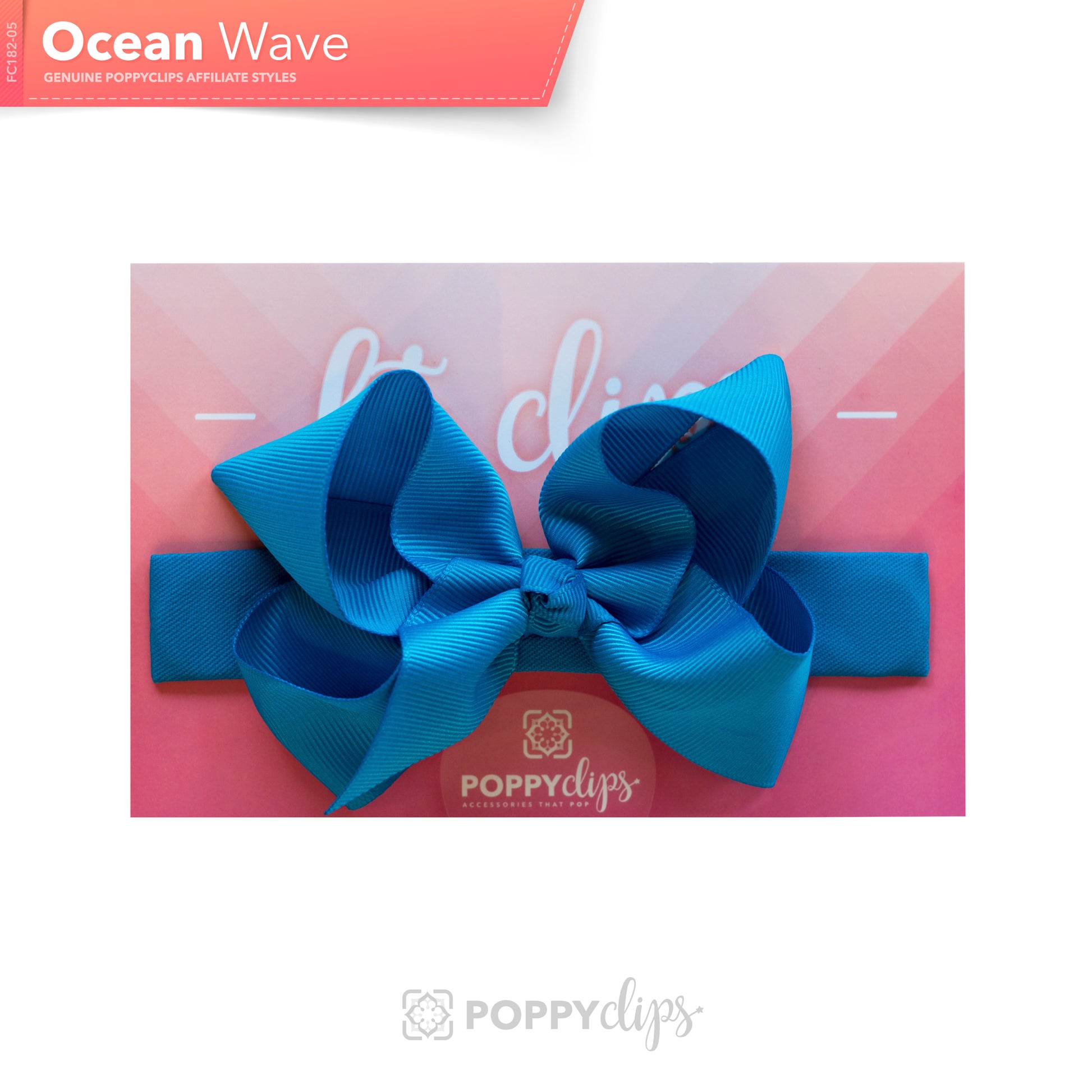 5 ¼” long by 7/8” wide ocean blue material with hidden magnets at each end.  Centered on the outside is a double ocean blue bow that is approximately 4” across.