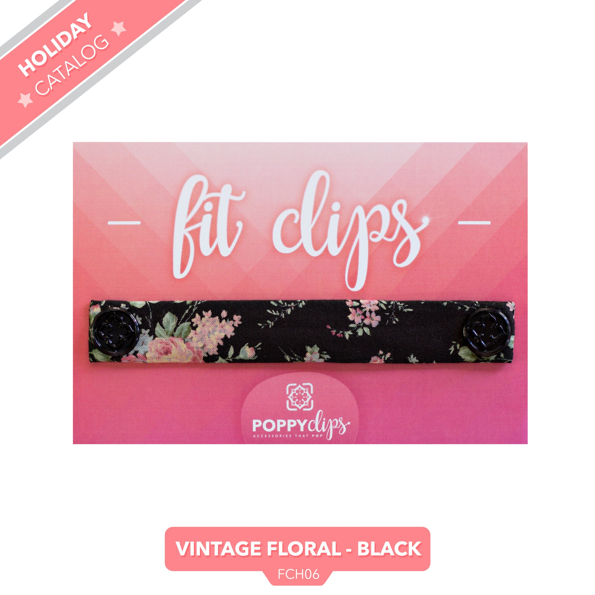 5 ¼” long by 7/8” wide black material with a vintage rose floral pattern in pink and green, and magnets at each end.  The outer magnets are a decorative black medallion with the company logo. 