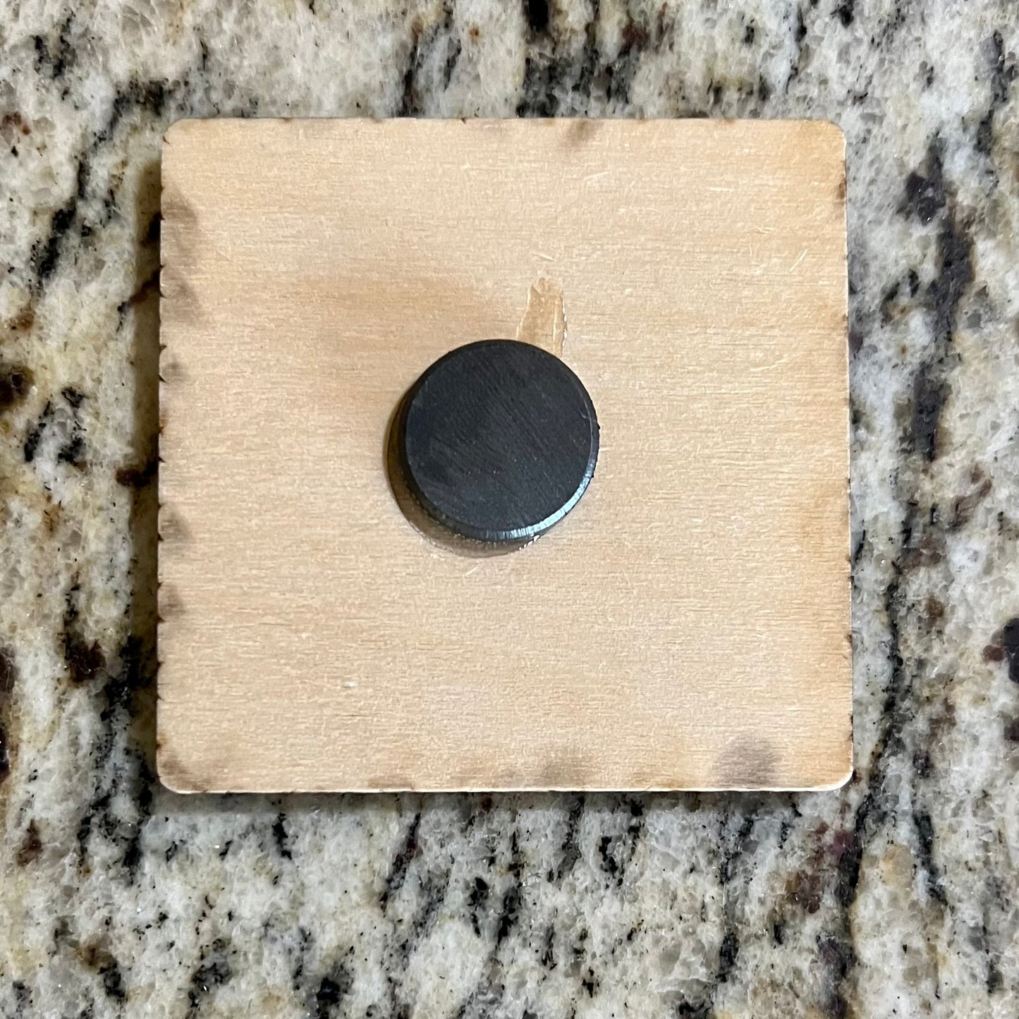 Back of fridge magnet, approximately 2”x2” with centered round magnet