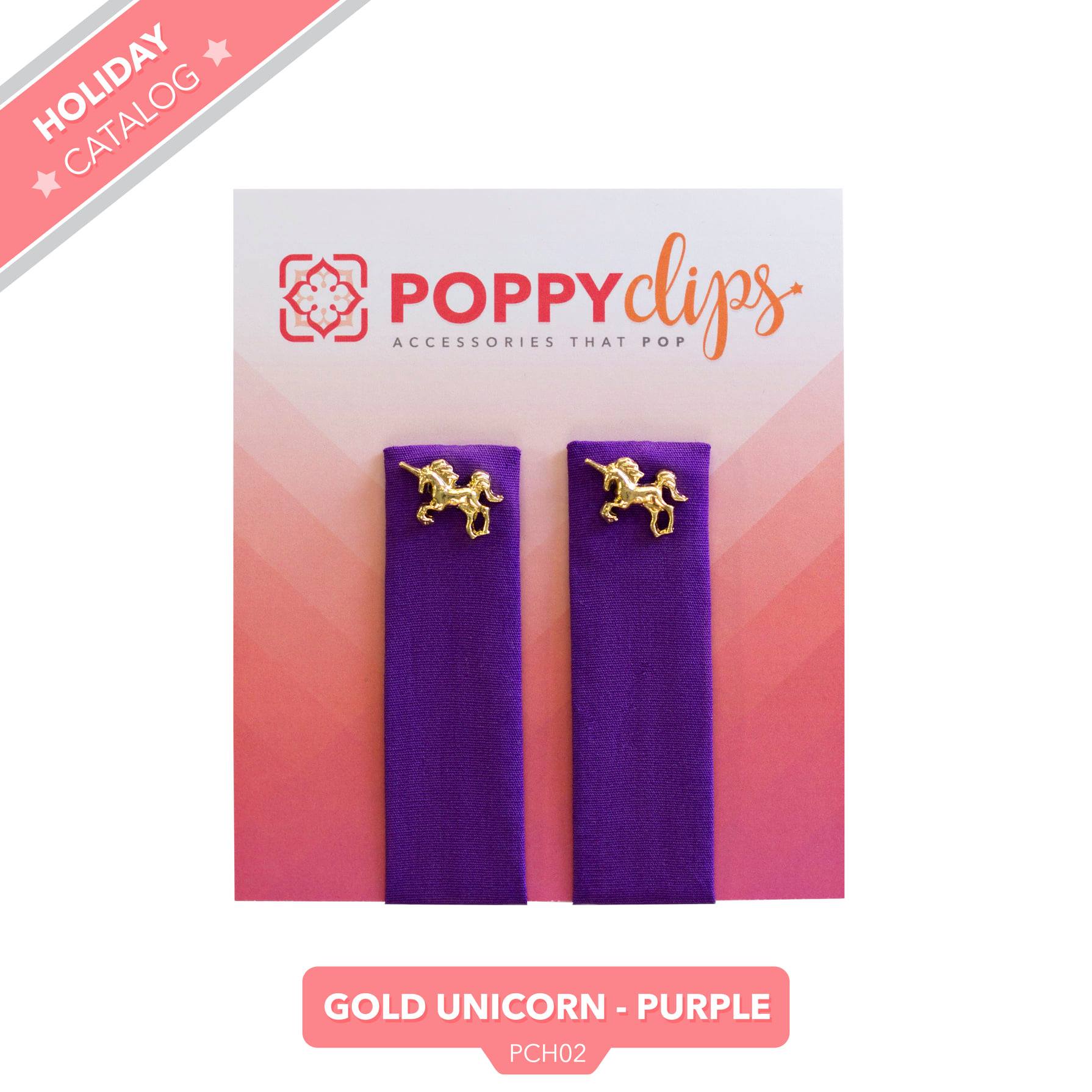 Two 5 ¼” long by 7/8” wide purple material with a magnet at each end.  The outer magnet is a decorative gold unicorn. 