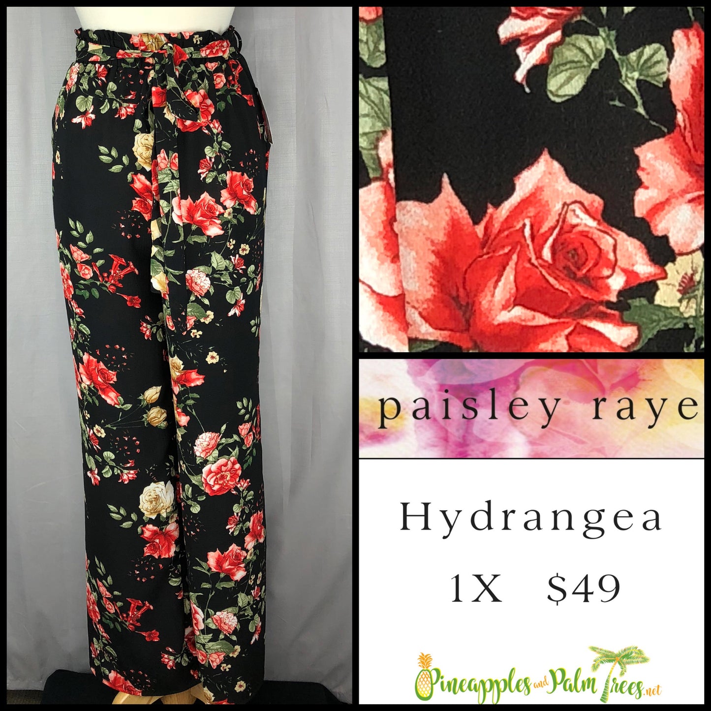 Pants: Hydrangea 1X - black floral