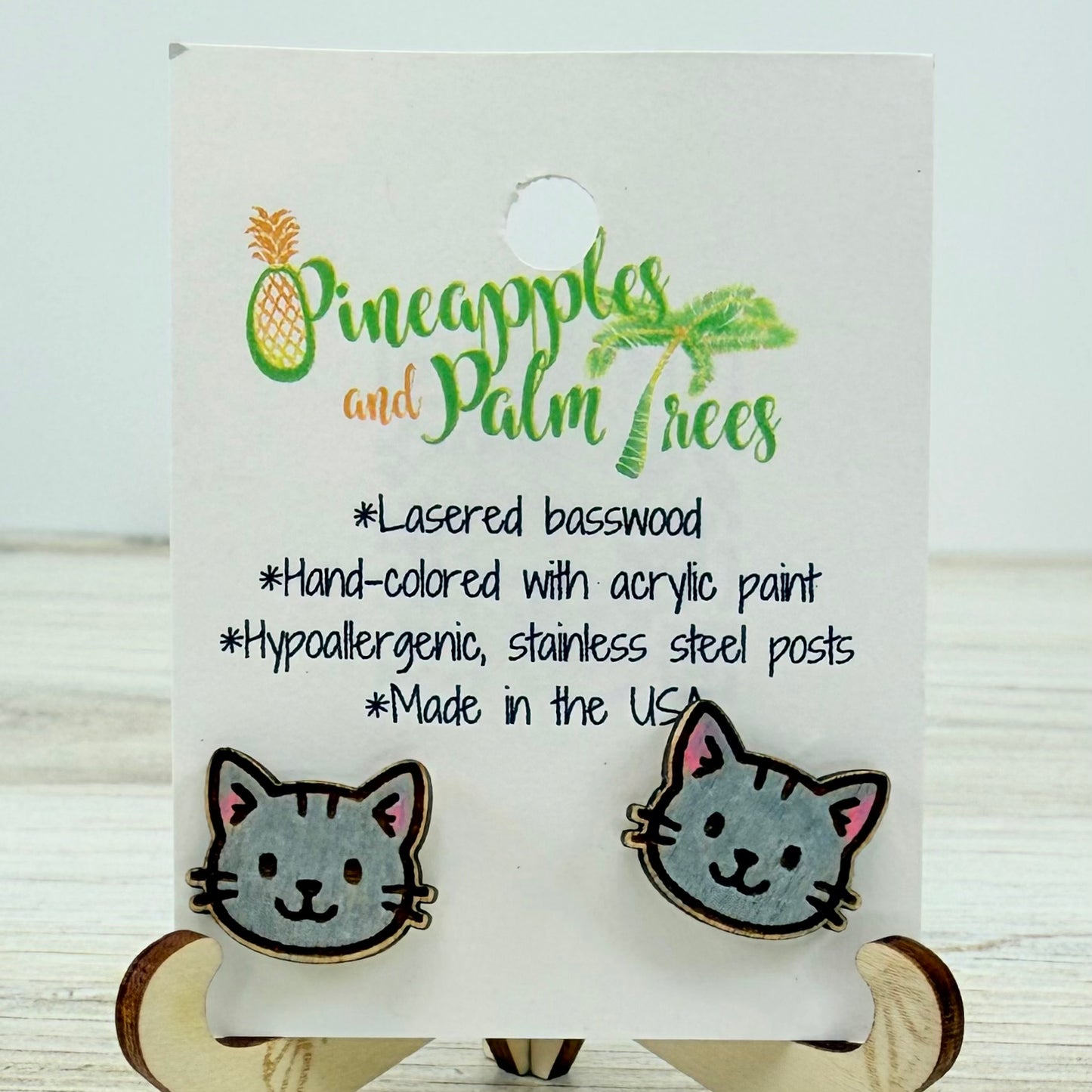 Lasered Earrings: Kitty Face Studs - gray