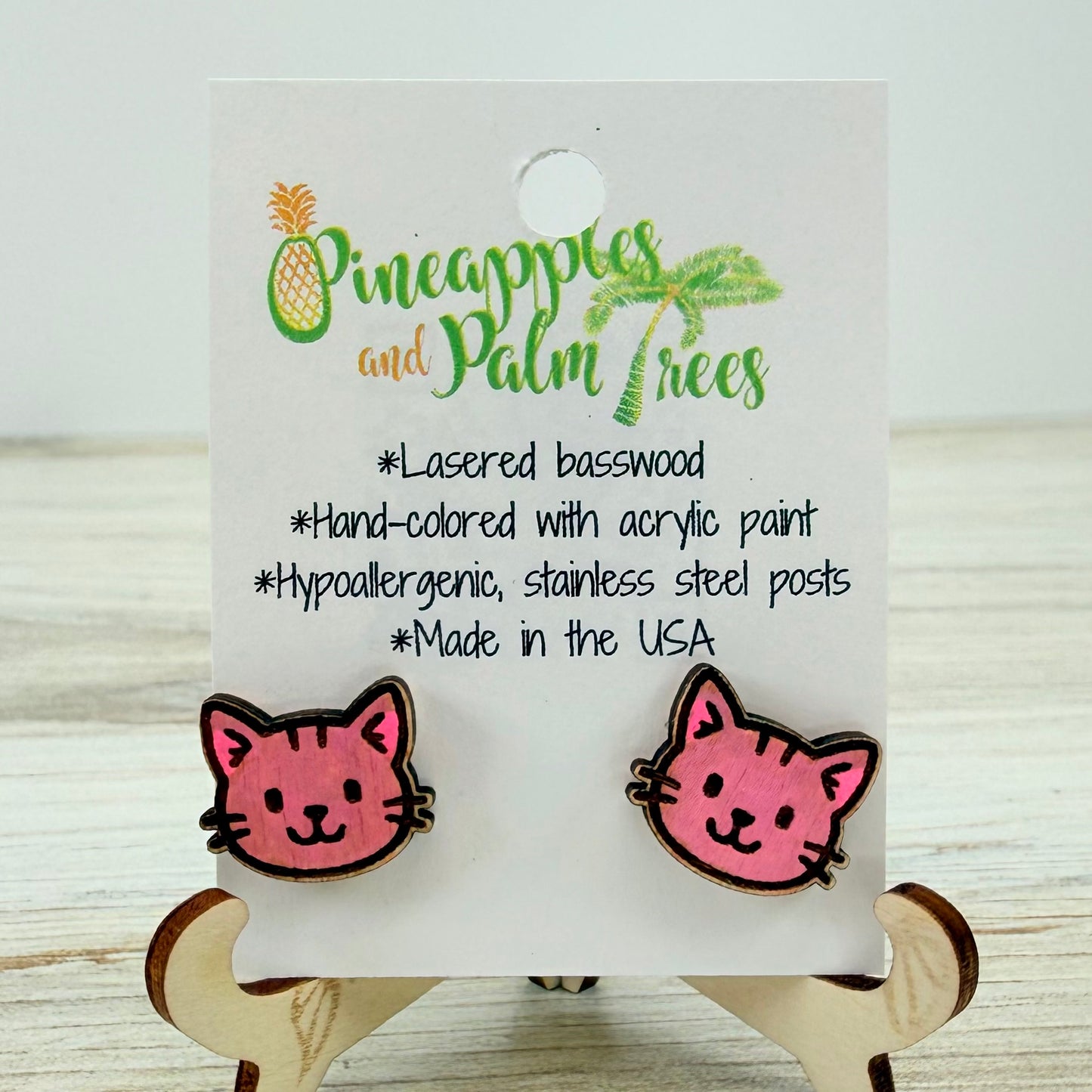 Lasered Earrings: Kitty Face Studs - pink