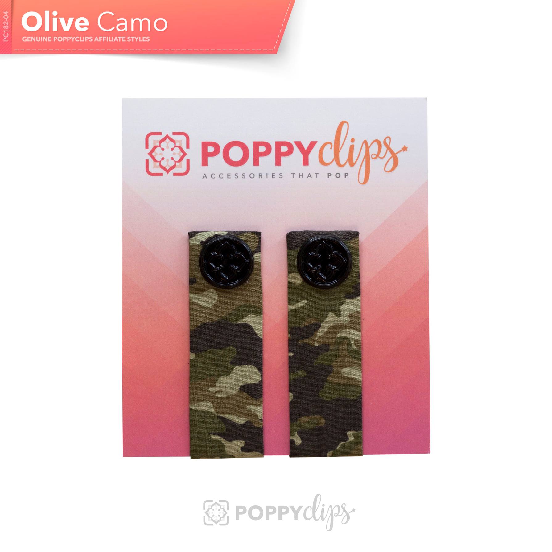 Two 5 ¼” long by 7/8” wide traditional camo colored material with a magnet at each end.  The outer magnet is a decorative black medallion with the company logo. 