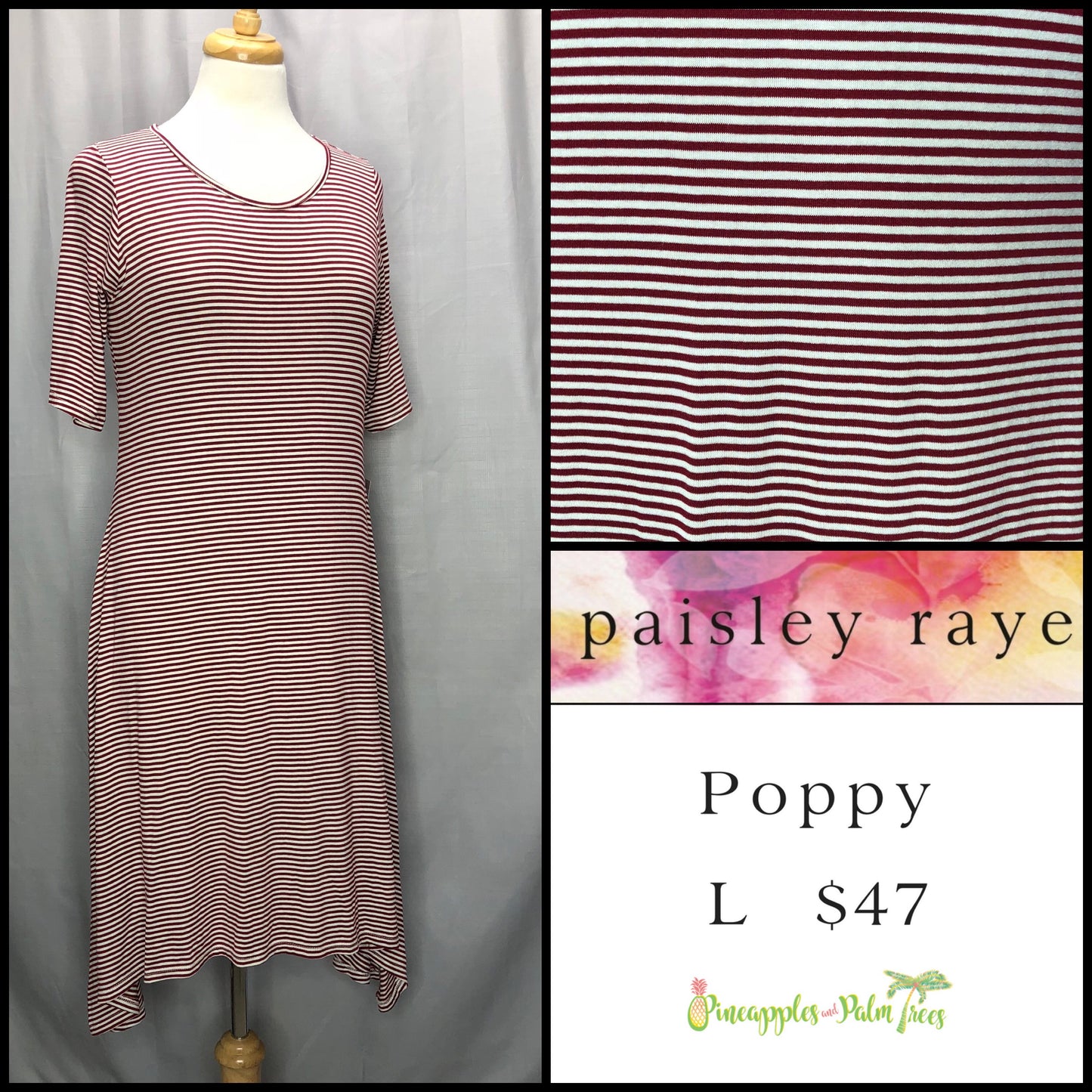 Dress: Poppy L - burgundy and white stripes