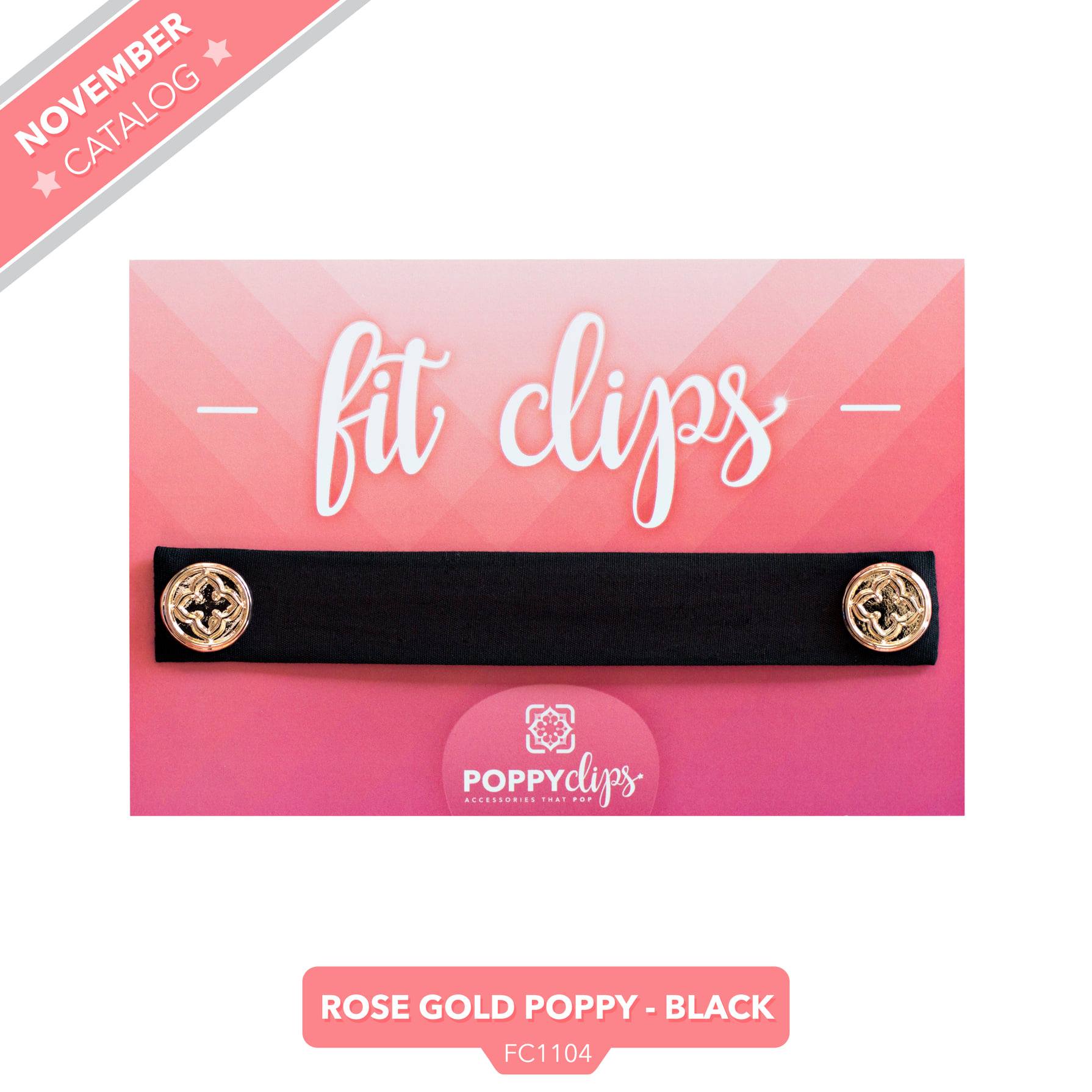 5 ¼” long by 7/8” wide black material with magnets at each end.  The outer magnets are a decorative rose gold medallion with the company logo. 