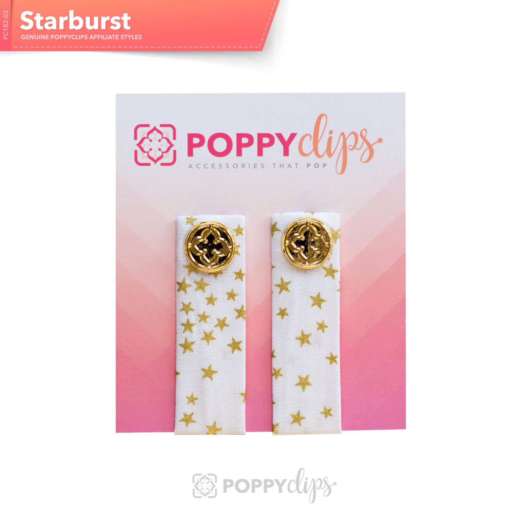 Two 5 ¼” long by 7/8” wide white material with tiny stars in a random pattern, and a magnet at each end.  The outer magnet is a decorative gold medallion with the company logo. 