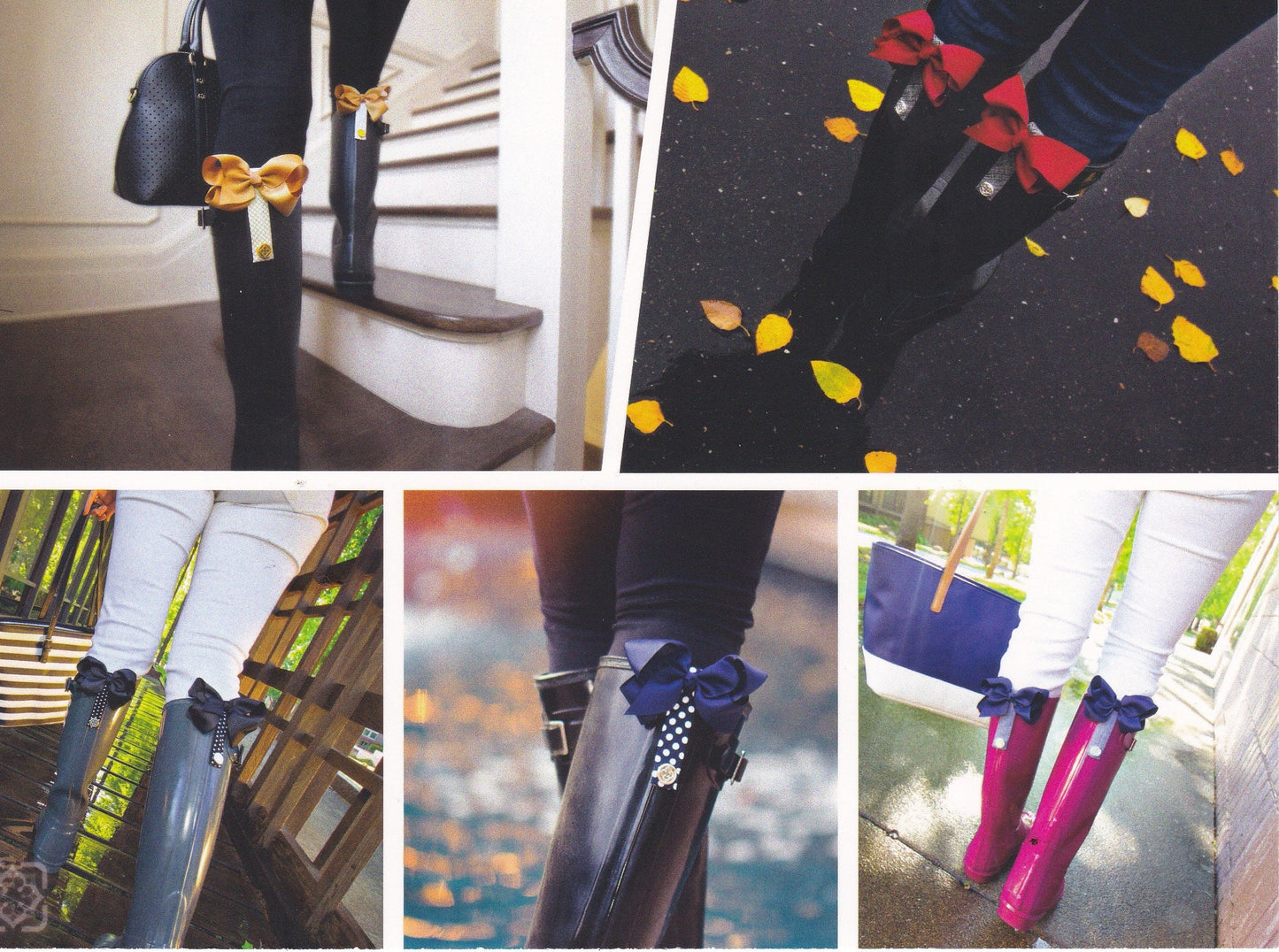 Collage of women wearing various BootClip styles on their boots, showcasing different colors and designs from Pineapples and Palm Trees.