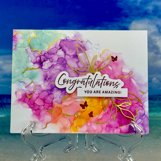 Butterfly-themed front design of the ‘You Are Amazing’ congratulations greeting card.