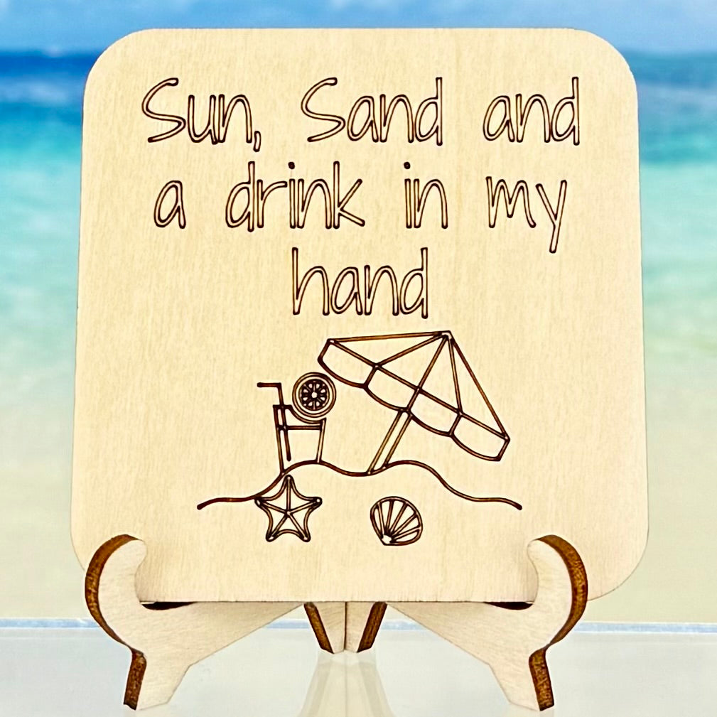 Sun, sand and a drink in my hand fridge magnet — coastal home decor for beach lovers.