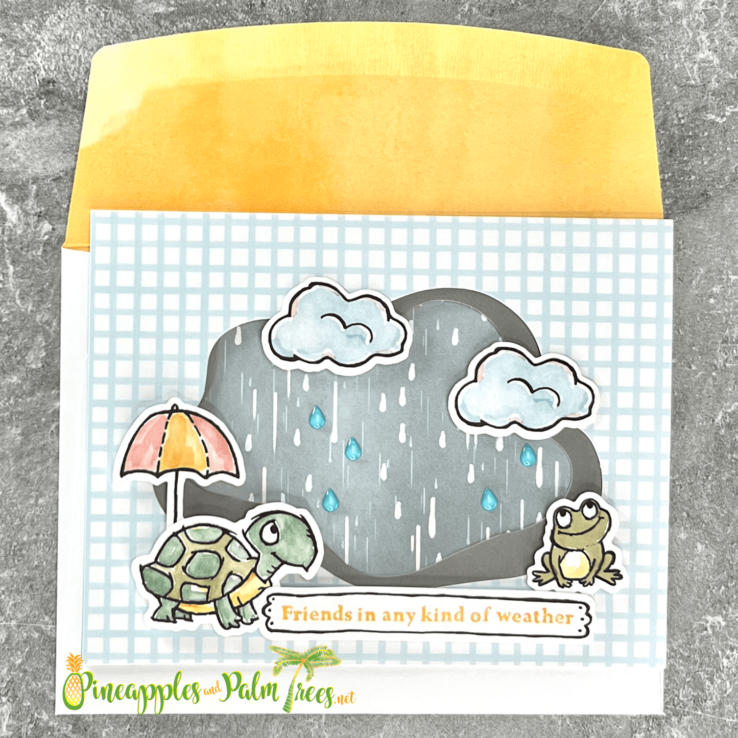 Greeting card with turtle and frog illustrations and the message “Friends in any kind of weather” from Pineapples and Palm Trees