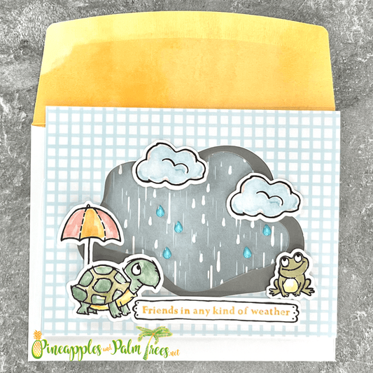 Greeting card with turtle and frog illustrations and the message “Friends in any kind of weather” from Pineapples and Palm Trees