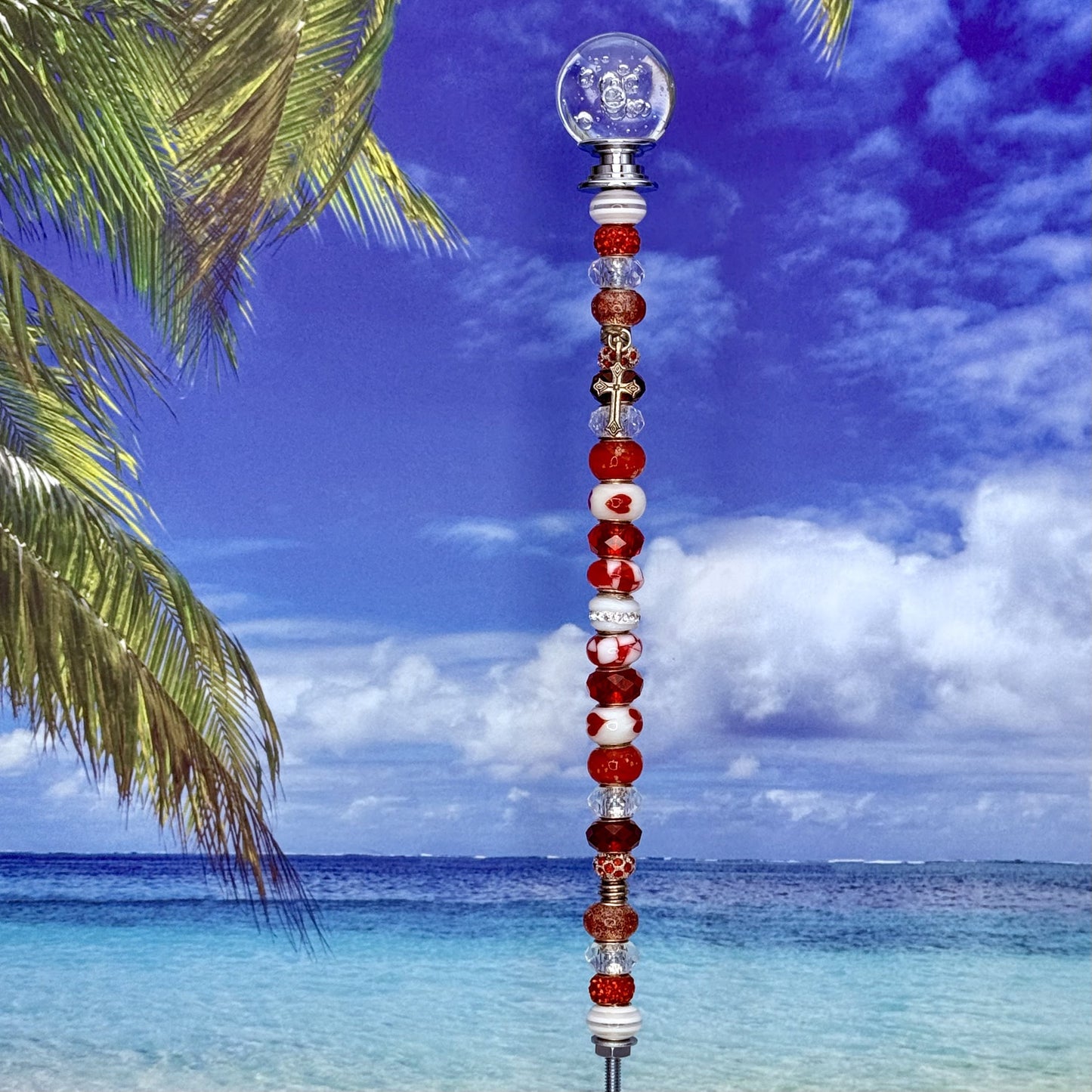 Red metal garden stake ‘Cross My Heart’ — decorative faith-inspired yard and garden décor.