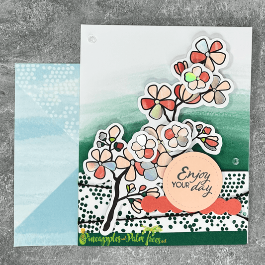 Enjoy Your Day greeting card featuring illustrated pinwheel-style flowers in soft pastels.