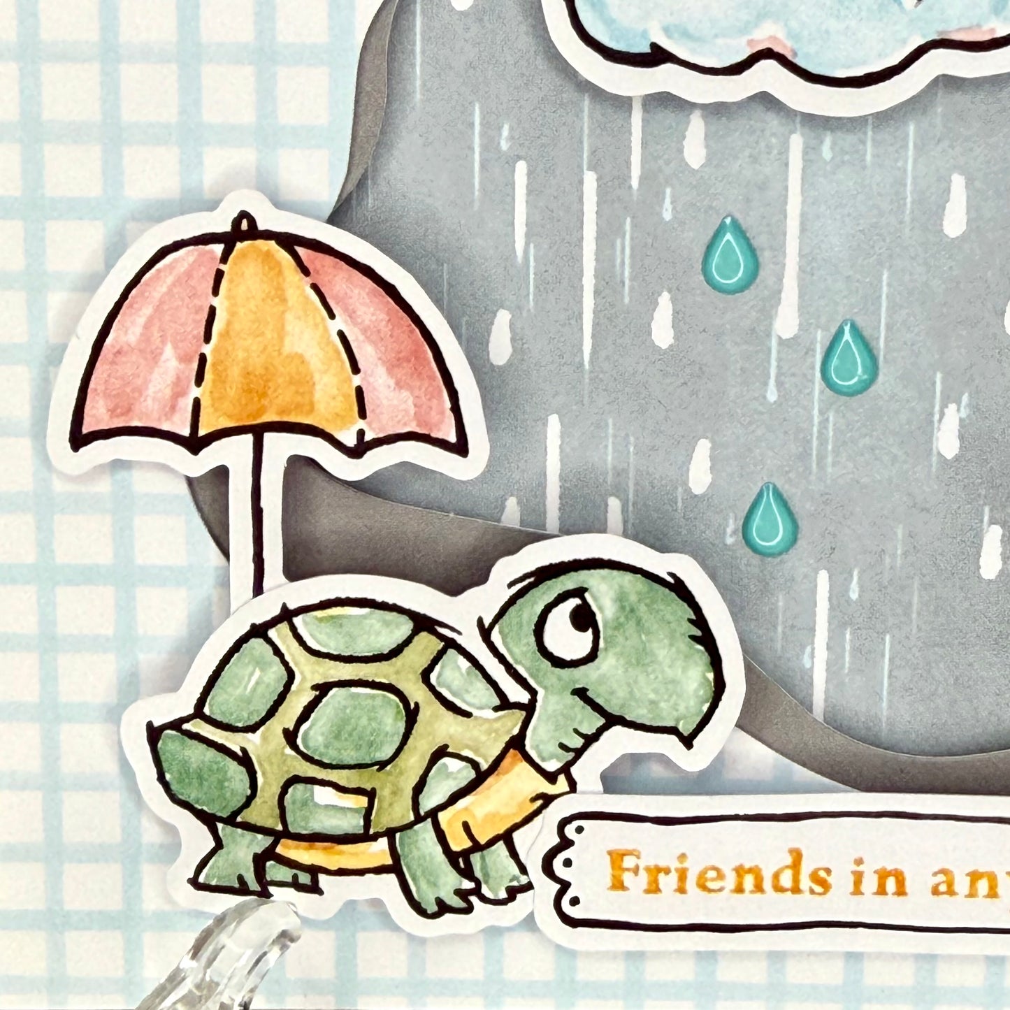 Cute turtle illustration on the greeting card with a message “Friends in any kind of weather” from Pineapples and Palm Trees