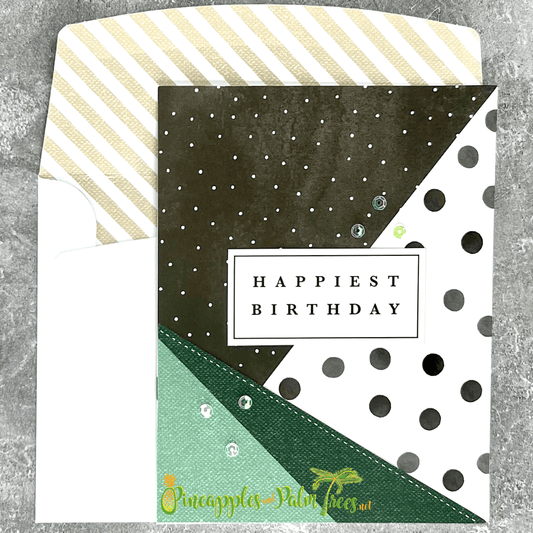 Happiest Birthday greeting card with black and green design from Pineapples and Palm Trees