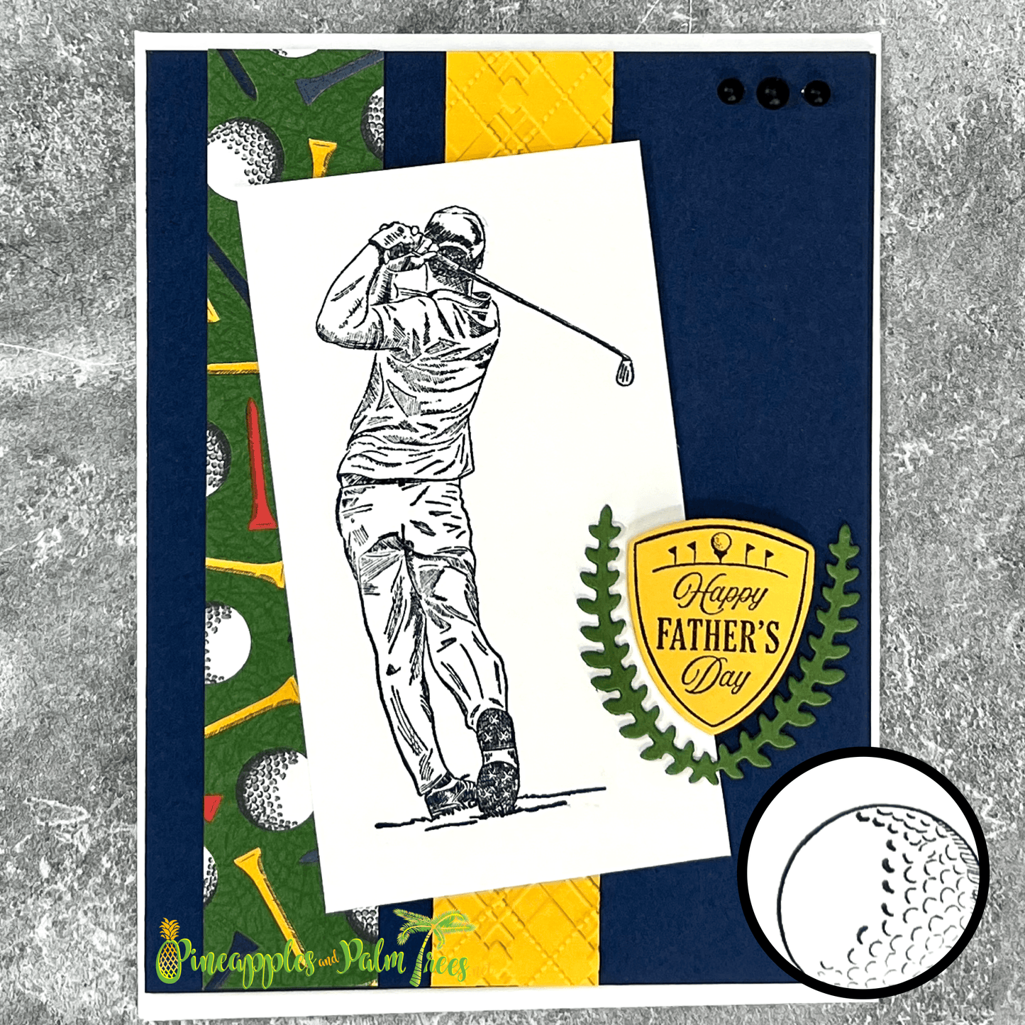 Happy Father’s Day greeting card with golf-themed design in yellow and blue from Pineapples and Palm Trees