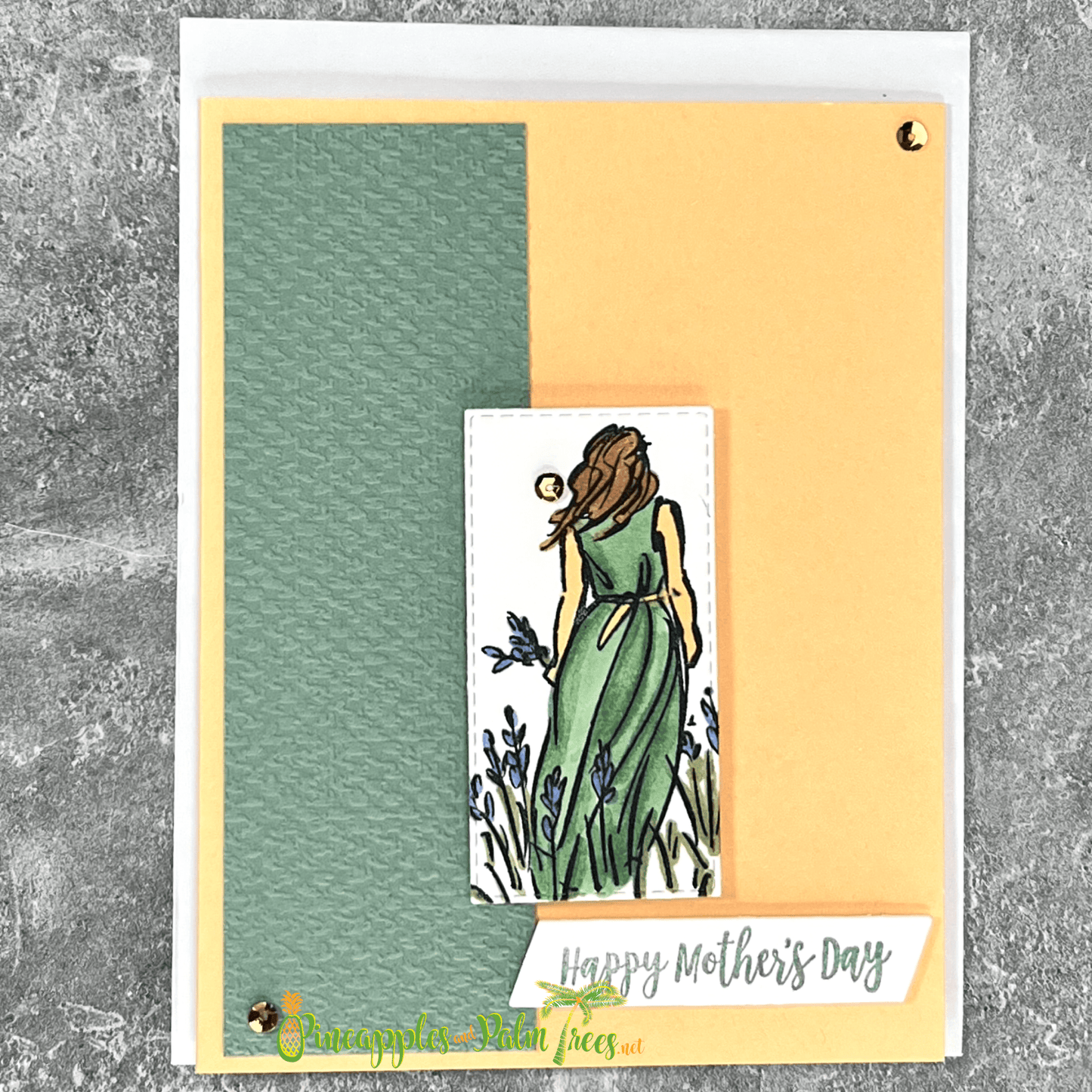 Peach-green greeting card with the message ‘Happy Mother’s Day,’ paired with its matching envelope — soft and elegant design perfect for a heartfelt Mother’s Day greeting.