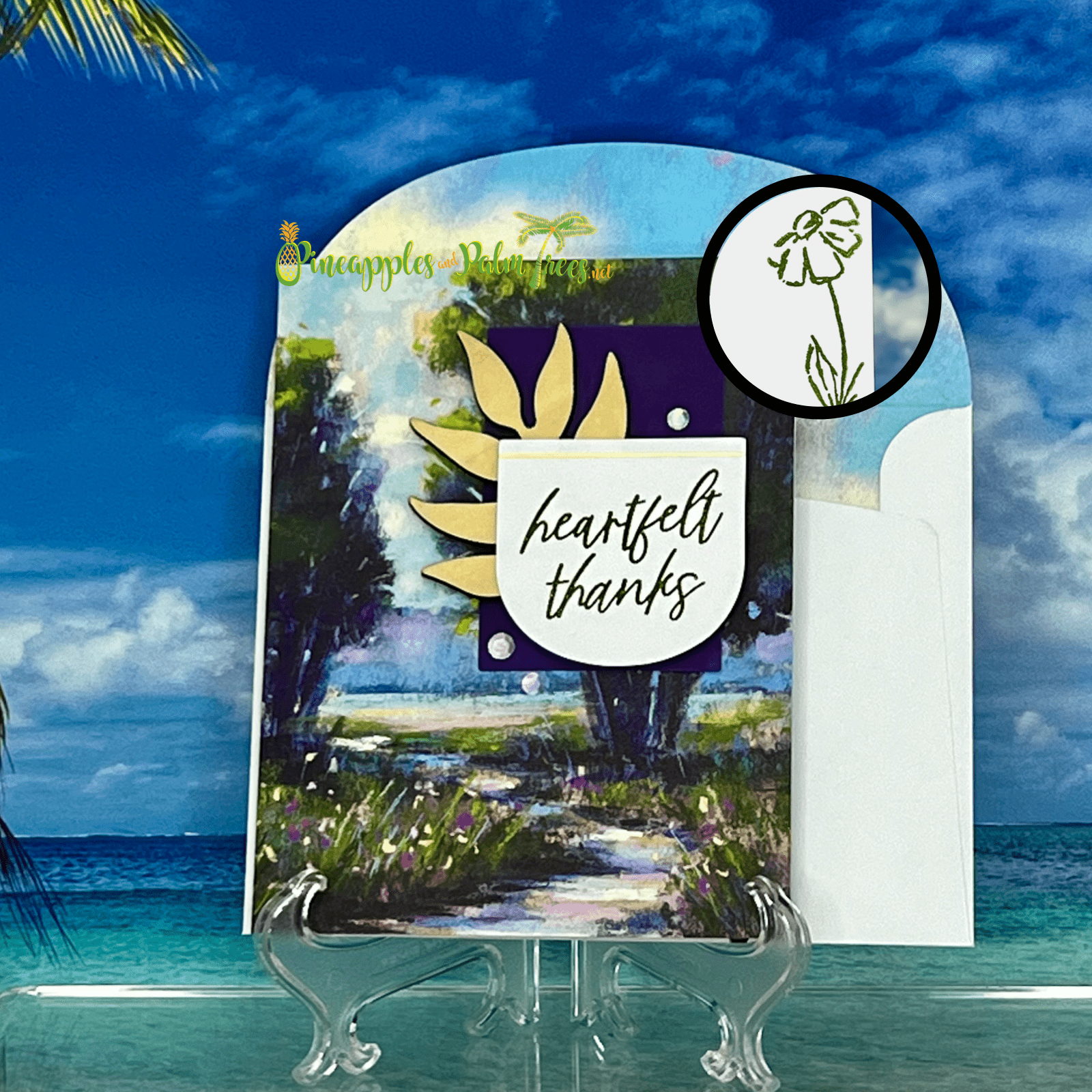 Hand-crafted greeting card with a message ‘Heartfelt Thanks’ framed by delicate tree illustrations, paired with its matching envelope — thoughtful and nature-inspired design.