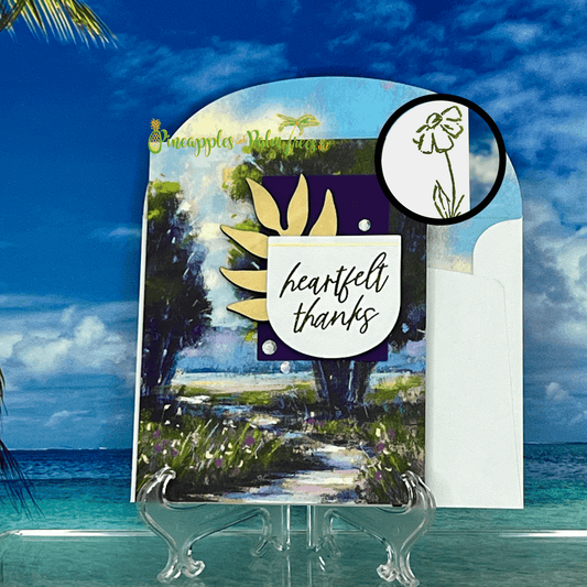 Hand-crafted greeting card with a message ‘Heartfelt Thanks’ framed by delicate tree illustrations, paired with its matching envelope — thoughtful and nature-inspired design.