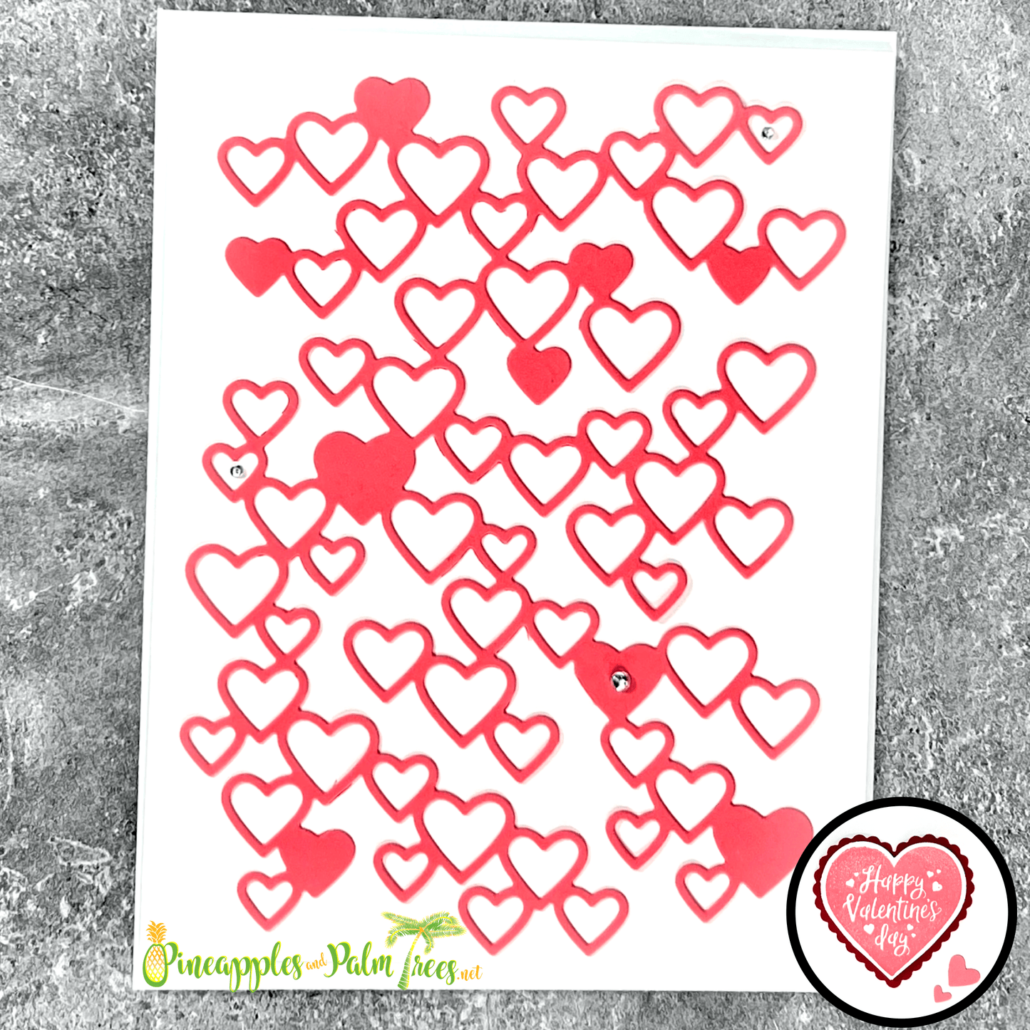 Valentine’s Day greeting card with red hearts  shown with its matching envelope — sweet, handcrafted card to express love.