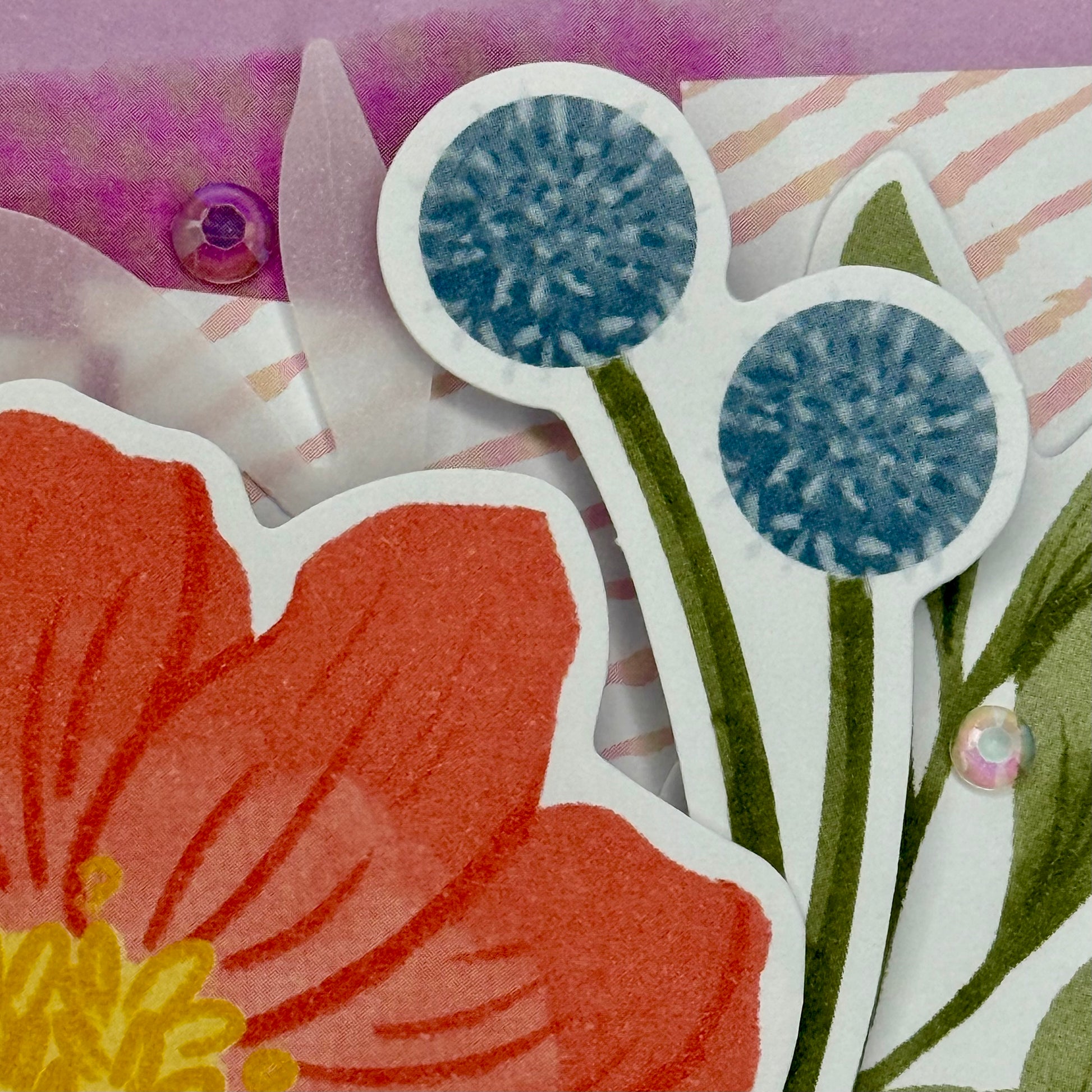 Close-up view of the purple ‘Hello Friend’ greeting card showing the front design  — handcrafted and ready for gifting.
