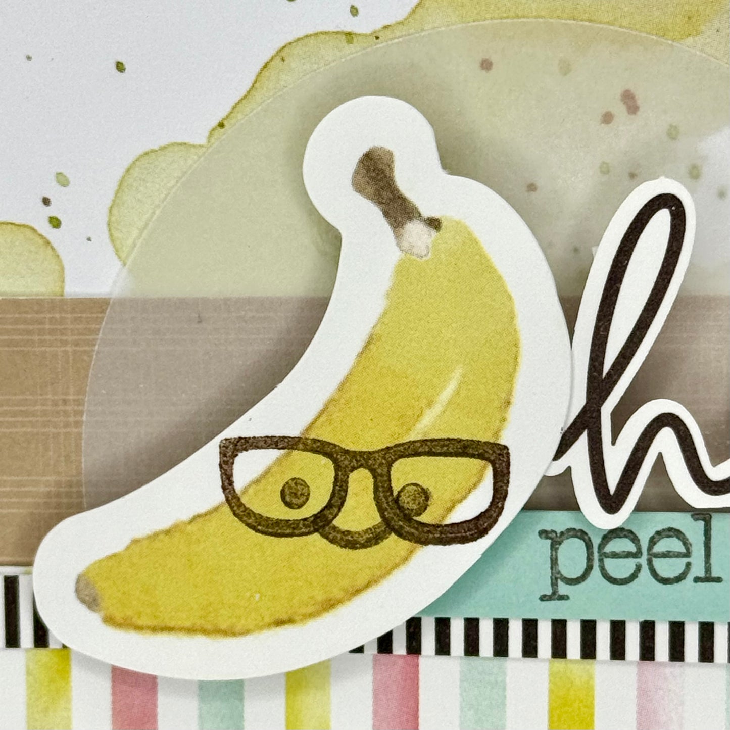Close‑up of the ‘Hello, Peel Better Soon’ greeting card showing a cute banana illustration.
