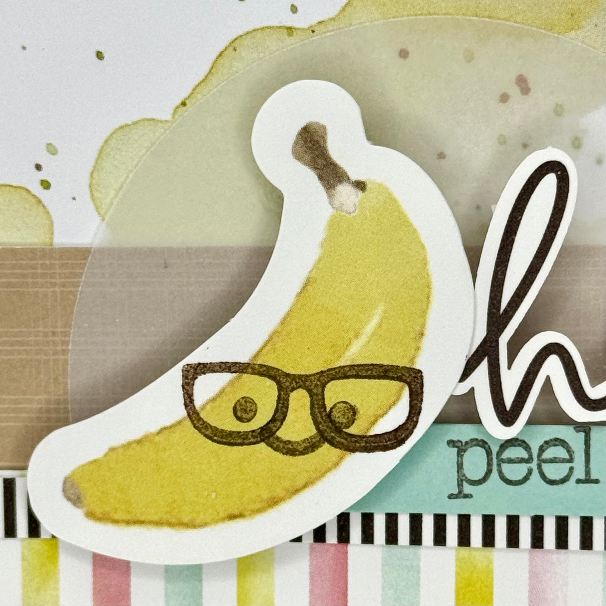 Close‑up of the ‘Hello, Peel Better Soon’ greeting card showing a cute banana illustration.