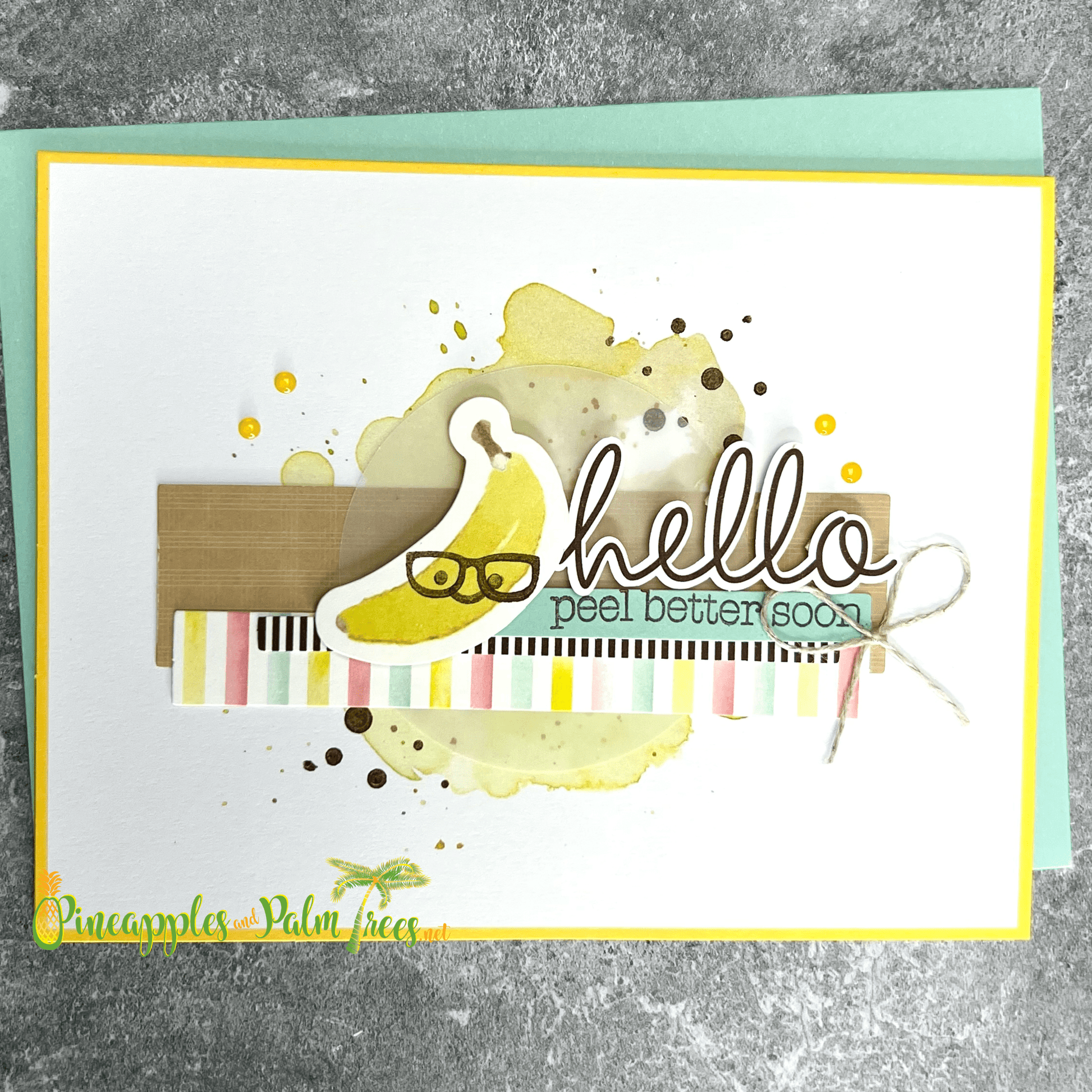 Greeting card with a playful banana illustration and the phrase ‘Hello, Peel Better Soon,’ shown with its matching envelope — sweet get‑well wishes in a fun, handcrafted style.