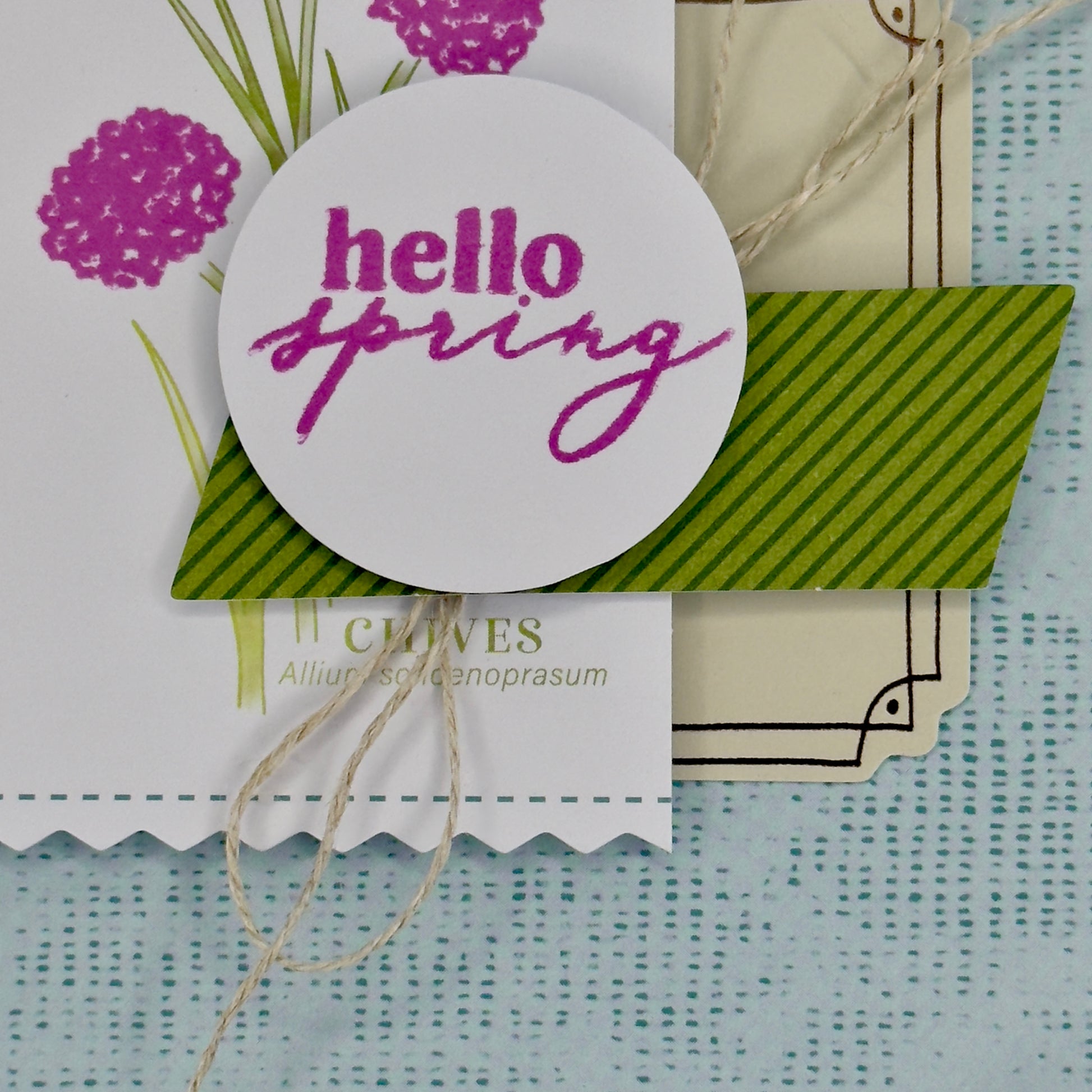 Greeting card details with the words ‘Hello Spring’ surrounded by green chive stems and simple floral accents, shown with its matching envelope — light, fresh, and handcrafted.