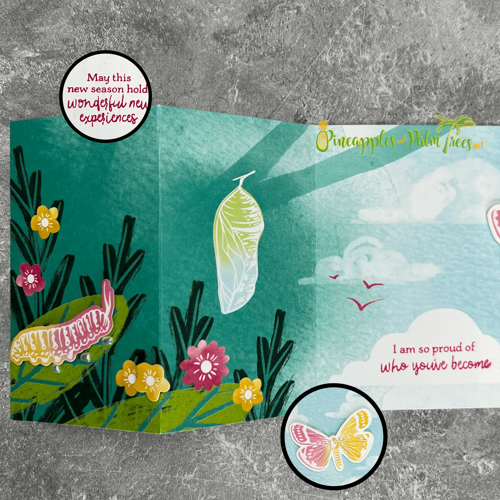 Greeting card with a colorful caterpillar illustration and the message ‘I am so proud of who you’ve become’