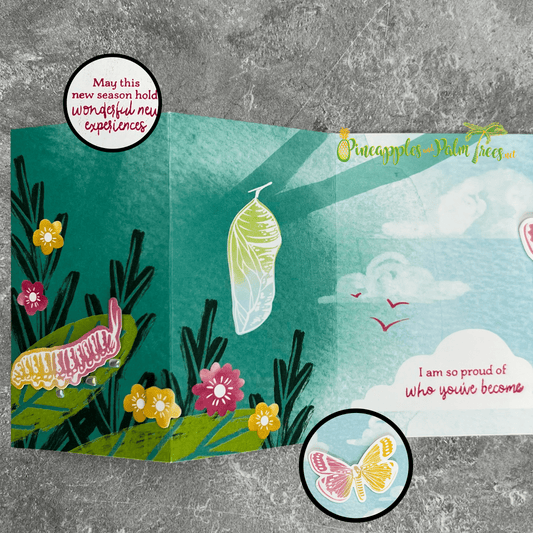 Greeting card with a colorful caterpillar illustration and the message ‘I am so proud of who you’ve become’