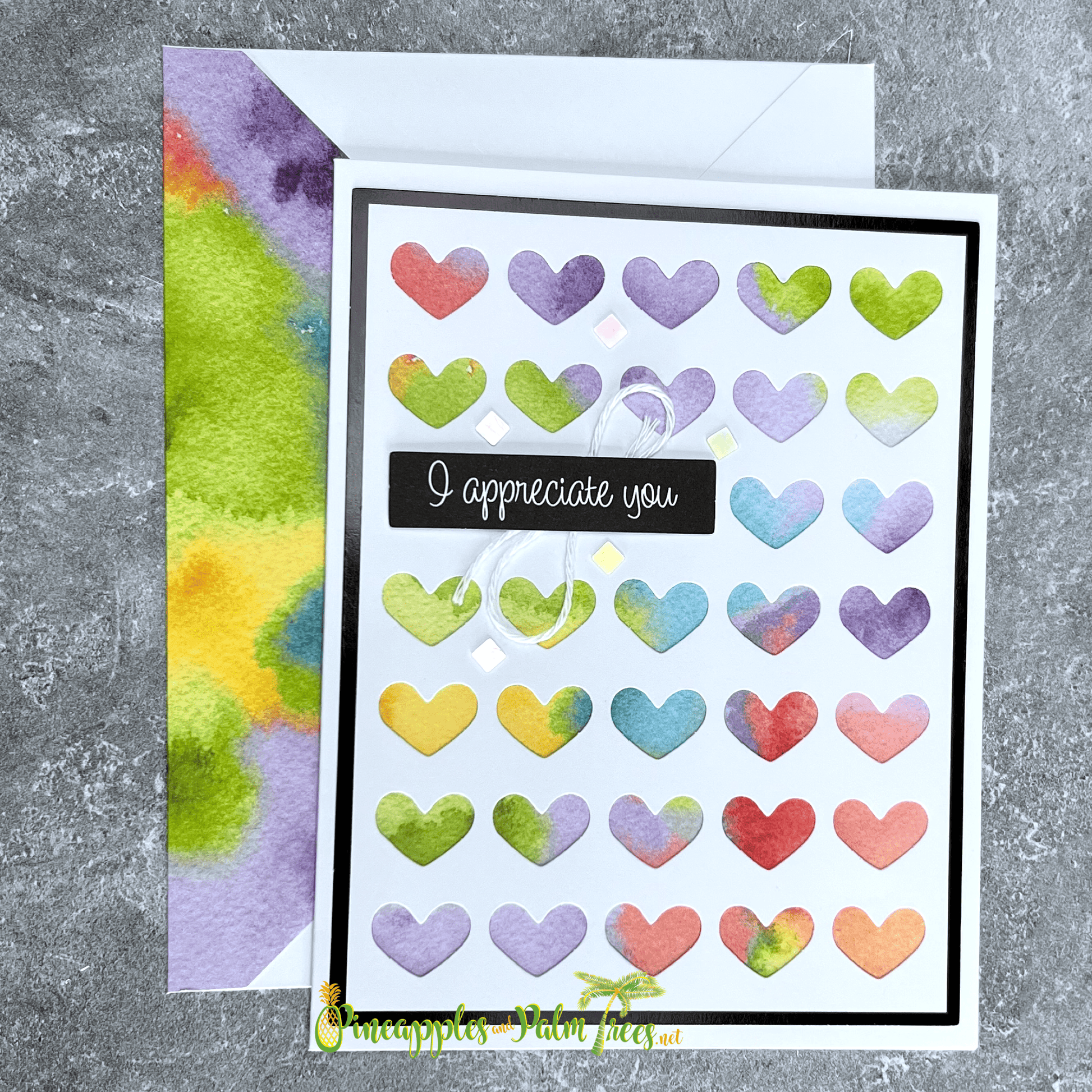 Handcrafted greeting card with the message ‘I Appreciate You’ and small heart illustrations, shown alongside its matching envelope — a sweet and heartfelt design for expressing gratitude.