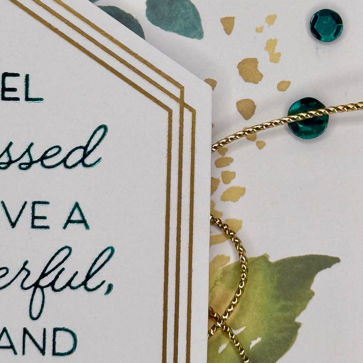 Close-up of the ‘I am so blessed to have a wonderful, kind, and amazing friend like you!’ greeting card showing elegant script lettering, floral decoration, and premium cardstock texture.