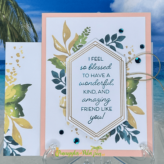 Greeting card with elegant script reading ‘I feel so blessed to have a wonderful, kind, and amazing friend like you!’, floral accents, and matching envelope — heartfelt and handcrafted.


