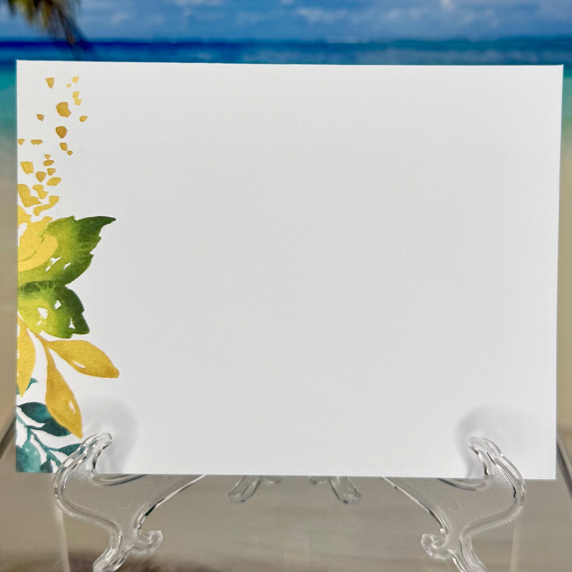 Inside view of greeting card showing blank white page, ready for a personal handwritten message.