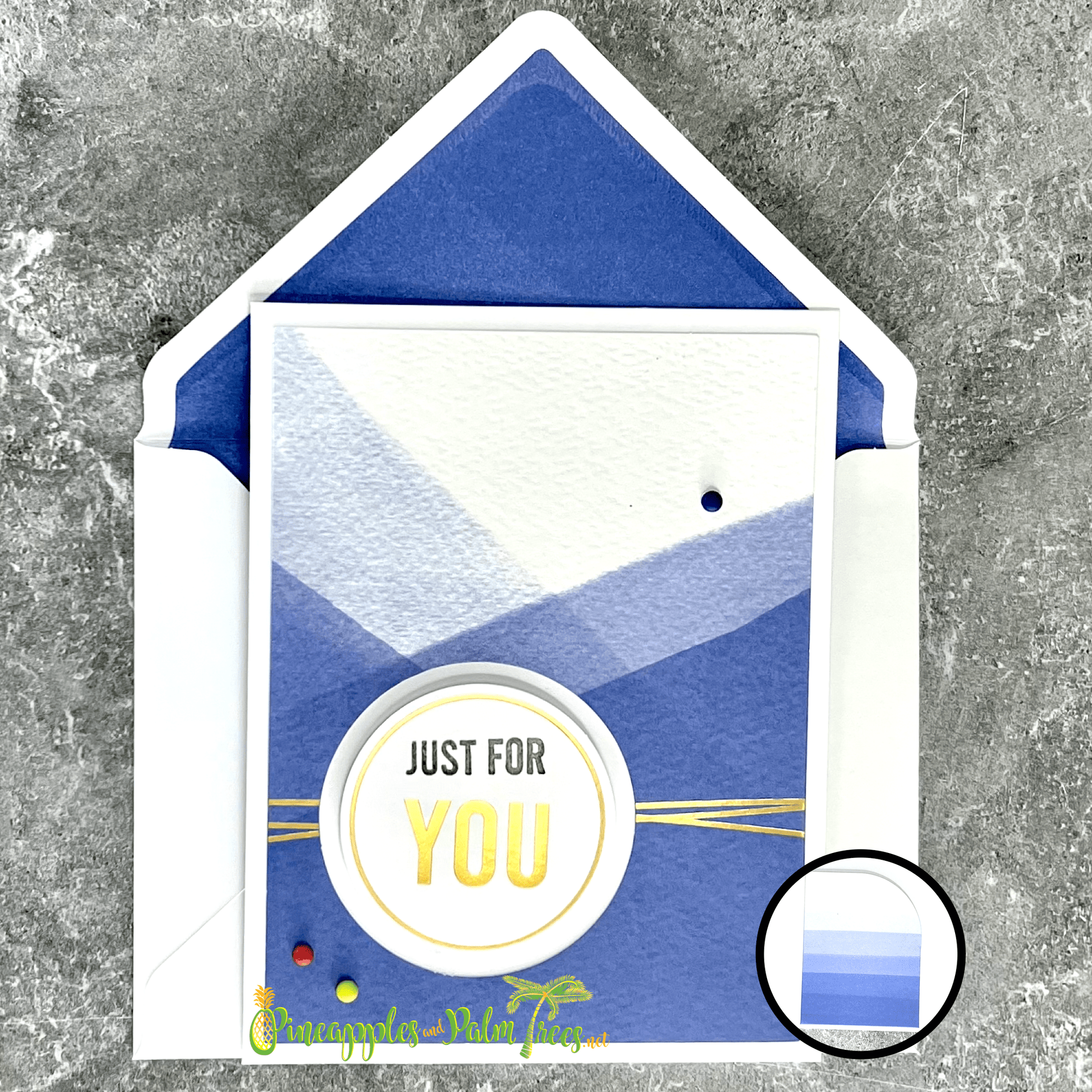 Blue greeting card with the words ‘Just for You’, shown with its matching envelope — simple, handcrafted card perfect for sending to someone special.