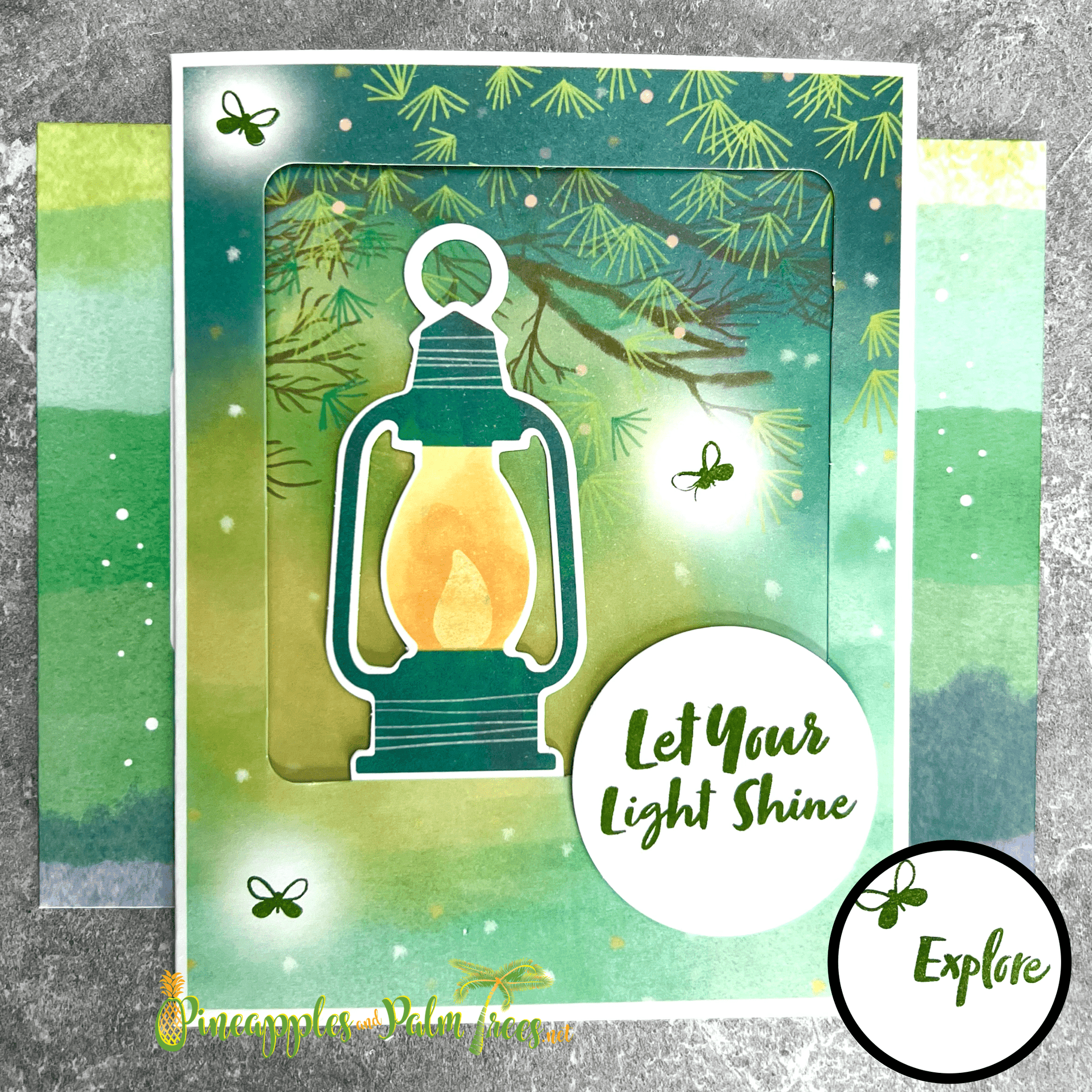 Greeting card with the message ‘Let Your Light Shine’ and a lantern illustration, shown with its matching envelope — a thoughtful, inspiring handcrafted card.