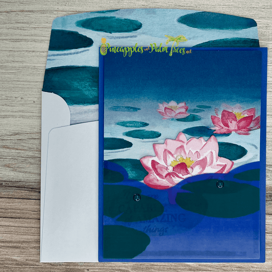 Greeting card with a lily pad illustration and the message "You Are Capable of Amazing Things"